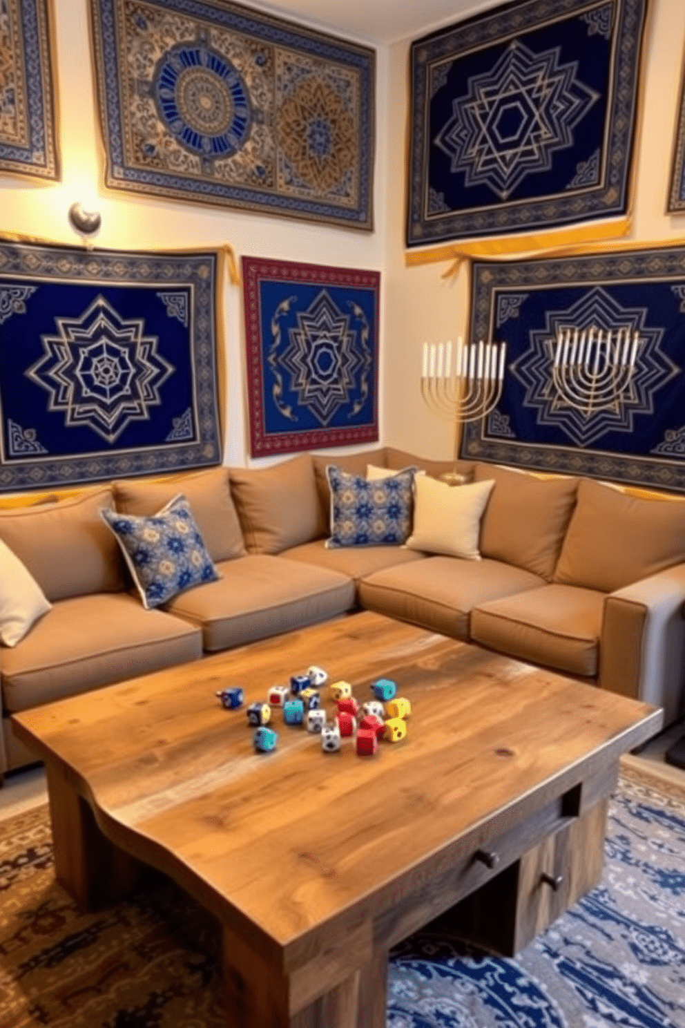 A cozy game room adorned with Hanukkah-themed wall tapestries that feature vibrant blue and gold designs. The space includes a large sectional sofa with plush cushions, surrounded by a coffee table made of reclaimed wood, creating an inviting atmosphere for family gatherings. In one corner, a festive menorah stands proudly on a side table, illuminated by soft, warm lighting. Colorful dreidels and gelt are scattered playfully across the tabletop, adding a touch of holiday spirit to the gaming experience.