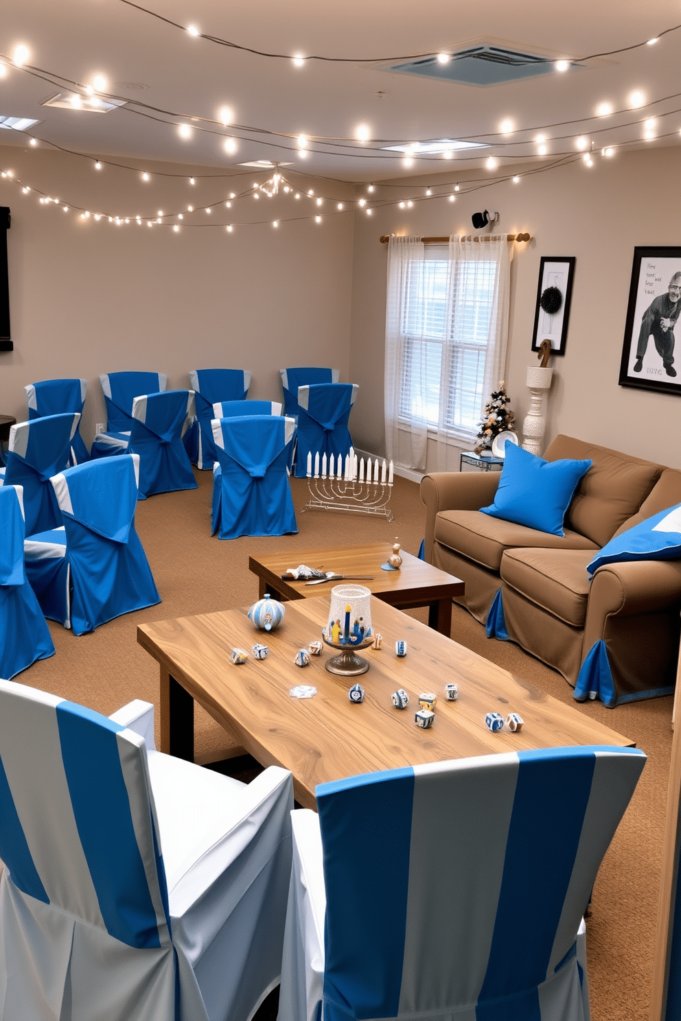 A cozy game room adorned with blue and white chair covers that add a festive touch. The space features a large, comfortable sectional sofa, a coffee table made of reclaimed wood, and a beautiful menorah displayed prominently on the side table. Strings of soft white lights hang from the ceiling, creating a warm and inviting atmosphere. Colorful dreidels and Hanukkah-themed decorations are scattered throughout the room, enhancing the celebratory vibe.