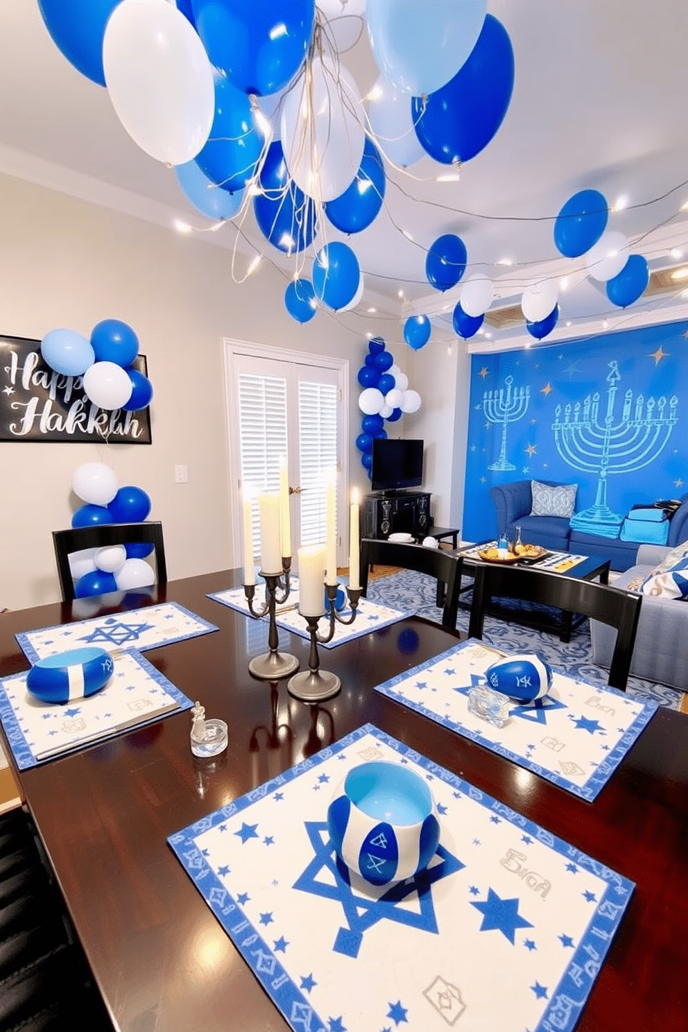 A festive dining setup featuring Hanukkah-themed placemats adorned with traditional symbols such as menorahs and dreidels. The placemats are set on a dark wooden table, accompanied by elegant blue and silver dinnerware and flickering candlelight from a menorah centerpiece. A vibrant game room decorated for Hanukkah, showcasing a playful mix of blue and white balloons and string lights draped across the ceiling. The space includes a cozy seating area with a large bean bag, a coffee table adorned with festive snacks, and a wall featuring a colorful mural of a menorah and stars.