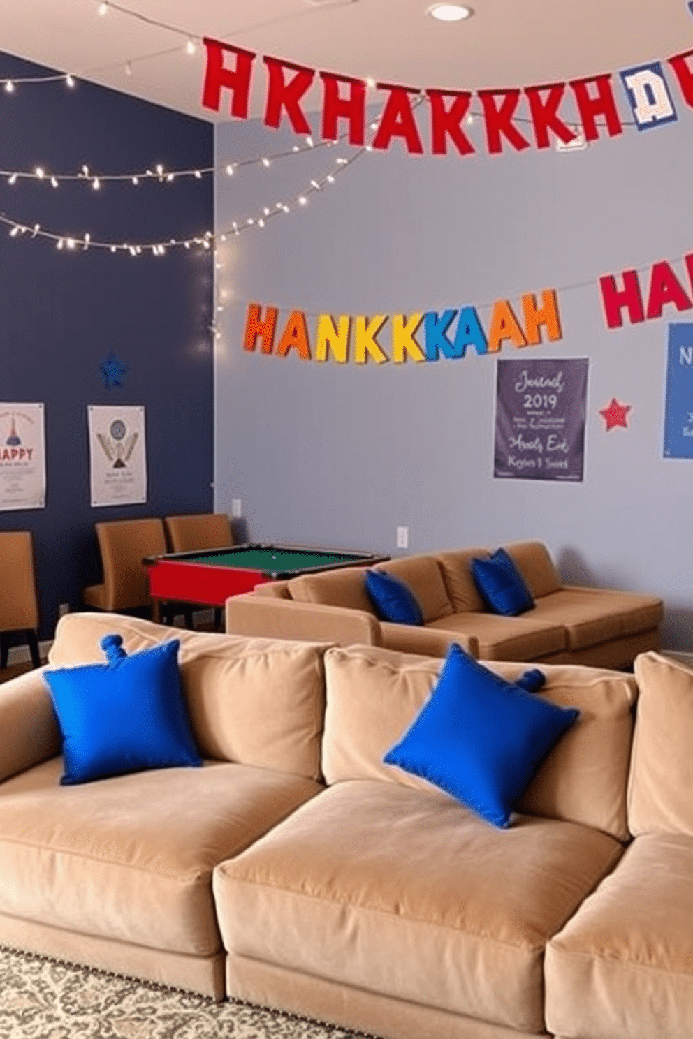 Dreidel-shaped pillows are scattered across plush couches in a cozy game room, adding a festive touch to the space. The walls are adorned with colorful Hanukkah decorations, featuring twinkling string lights and vibrant banners that celebrate the holiday spirit.