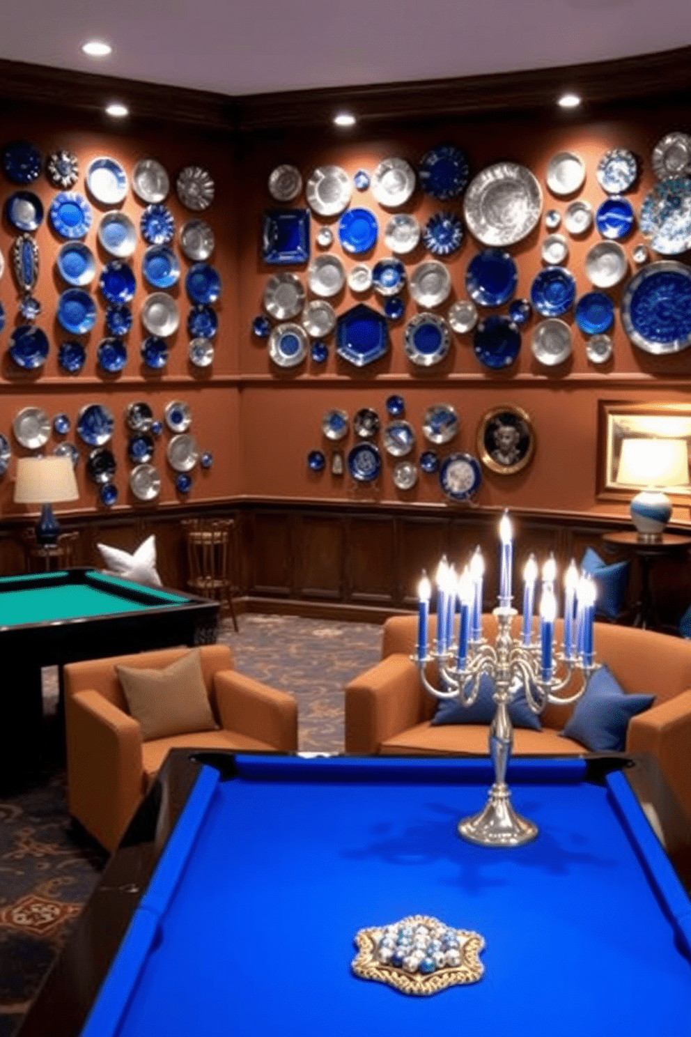 A vibrant game room featuring an array of blue and silver decorative plates adorning the walls, adding a touch of elegance and fun. The room is equipped with a stylish pool table, surrounded by comfortable seating that invites friendly competition and relaxation. For Hanukkah decorating ideas, the space is illuminated with soft, warm lighting, creating a cozy atmosphere. Festive decorations, including a beautifully arranged menorah and blue and silver accents, enhance the celebratory spirit of the season.