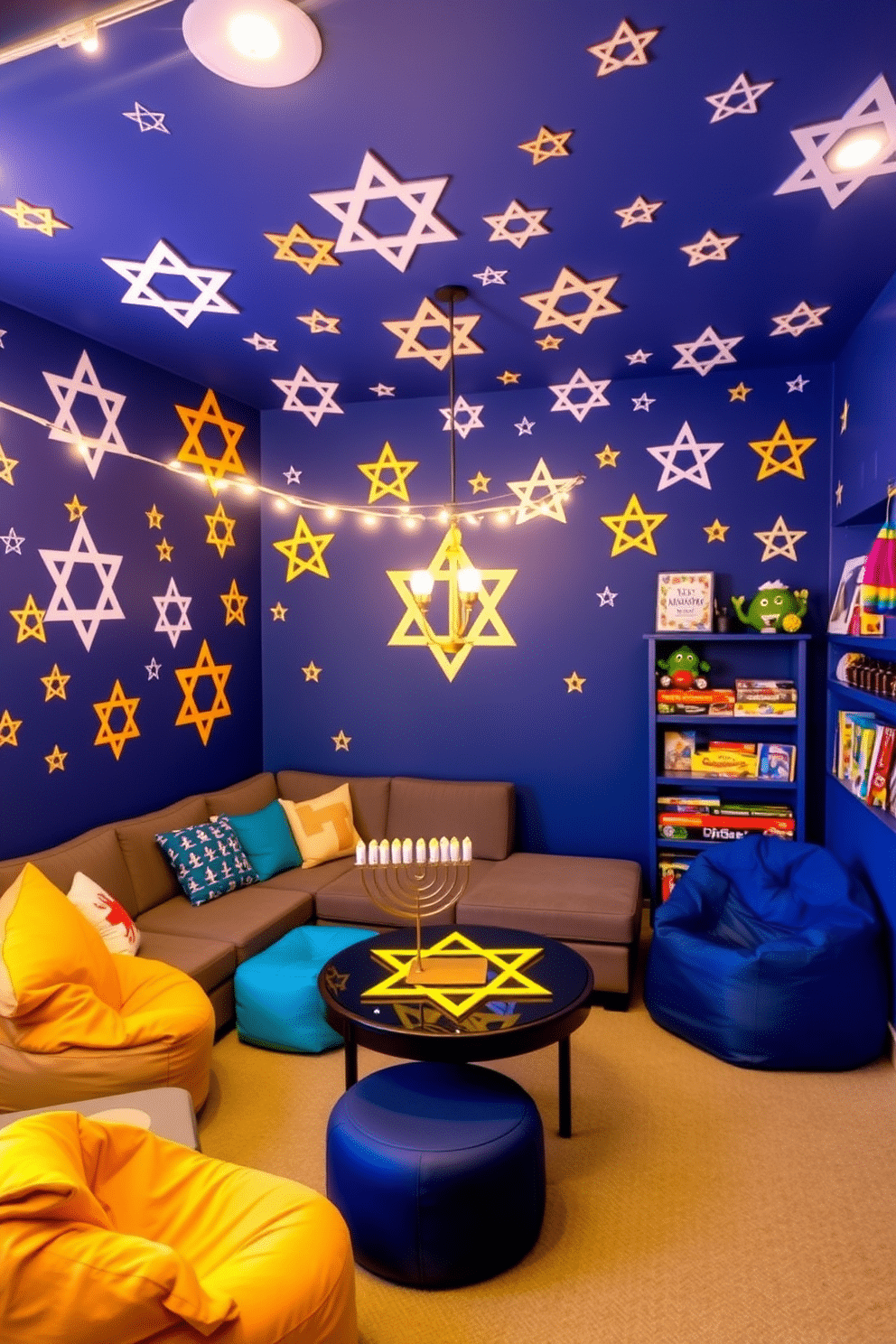 A vibrant game room adorned with Star of David wall decals in various sizes, creating a festive and playful atmosphere. The walls are painted a deep blue, contrasting beautifully with the bright white and gold decals, while a cozy seating area features a plush sectional sofa and colorful bean bags. The room is illuminated with string lights and a menorah centerpiece on a game table, enhancing the Hanukkah spirit. Shelves filled with board games and holiday-themed decorations complete the inviting space, making it perfect for family gatherings and celebrations.