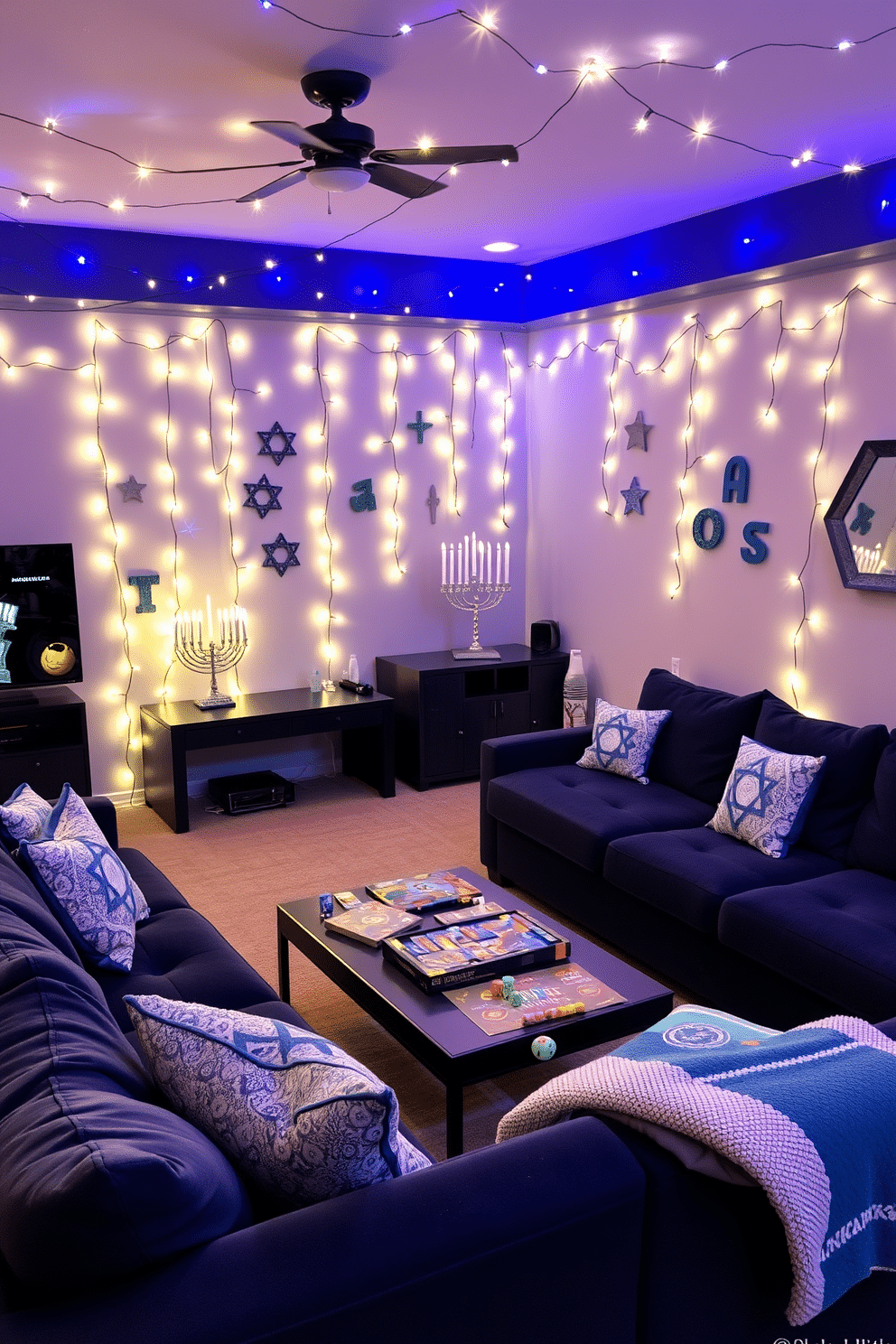 A cozy game room adorned with Hanukkah-themed LED string lights, casting a warm glow throughout the space. The walls are decorated with blue and silver accents, while a festive menorah sits prominently on a sleek gaming console. A plush sectional sofa in deep navy provides ample seating for family and friends, surrounded by colorful throw pillows featuring Star of David patterns. A stylish coffee table holds a selection of board games, and festive decorations, including dreidels and gelt, add to the celebratory atmosphere.