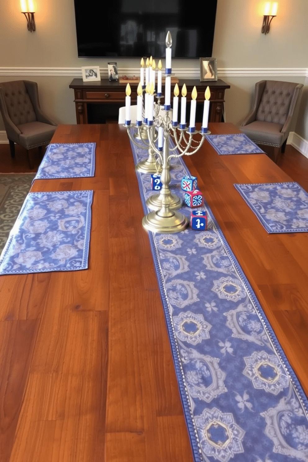 A stylish game room decorated for Hanukkah features a long wooden table adorned with elegant blue and white table runners. The runners are complemented by decorative menorahs and vibrant dreidels, creating a festive atmosphere perfect for gatherings.