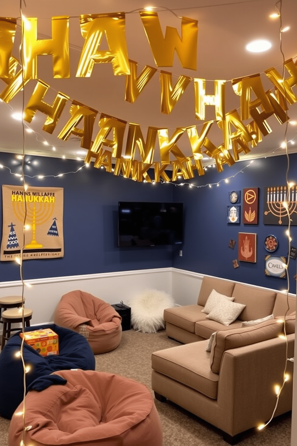 A festive game room decorated for Hanukkah features vibrant gold foil banners hanging from the ceiling, shimmering with the light of the season. The walls are adorned with playful artwork depicting traditional Hanukkah symbols, creating a joyful atmosphere for family gatherings. Cozy seating arrangements include plush bean bags and a sectional sofa, inviting friends and family to enjoy games and festivities together. Twinkling string lights drape across the room, adding a warm glow that enhances the celebratory spirit of Hanukkah.