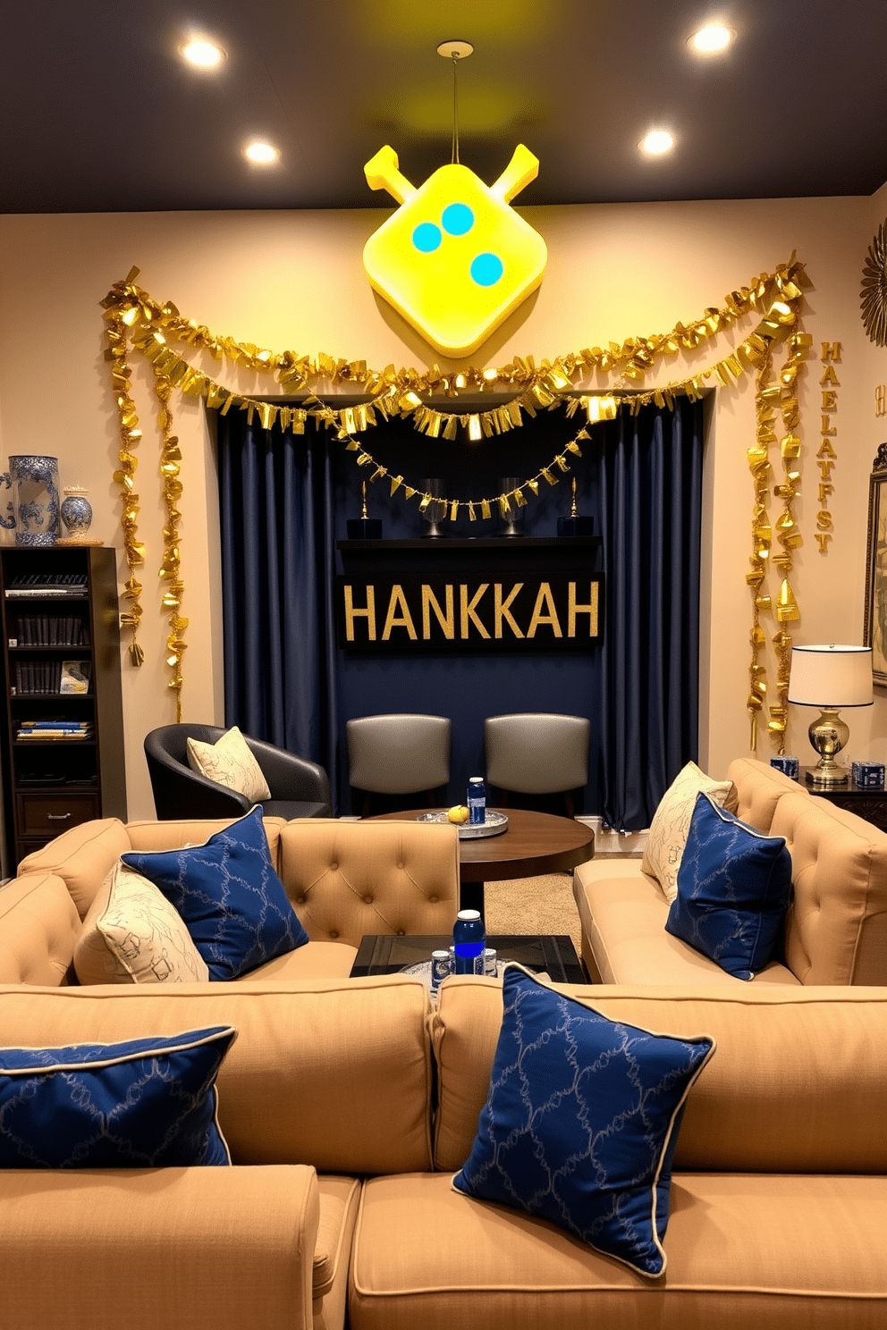 A festive game room adorned for Hanukkah features a vibrant dreidel and gelt garland draped across the walls, adding a playful touch to the space. Cozy seating arrangements are complemented by plush cushions in blue and gold, creating an inviting atmosphere for family gatherings and celebrations.