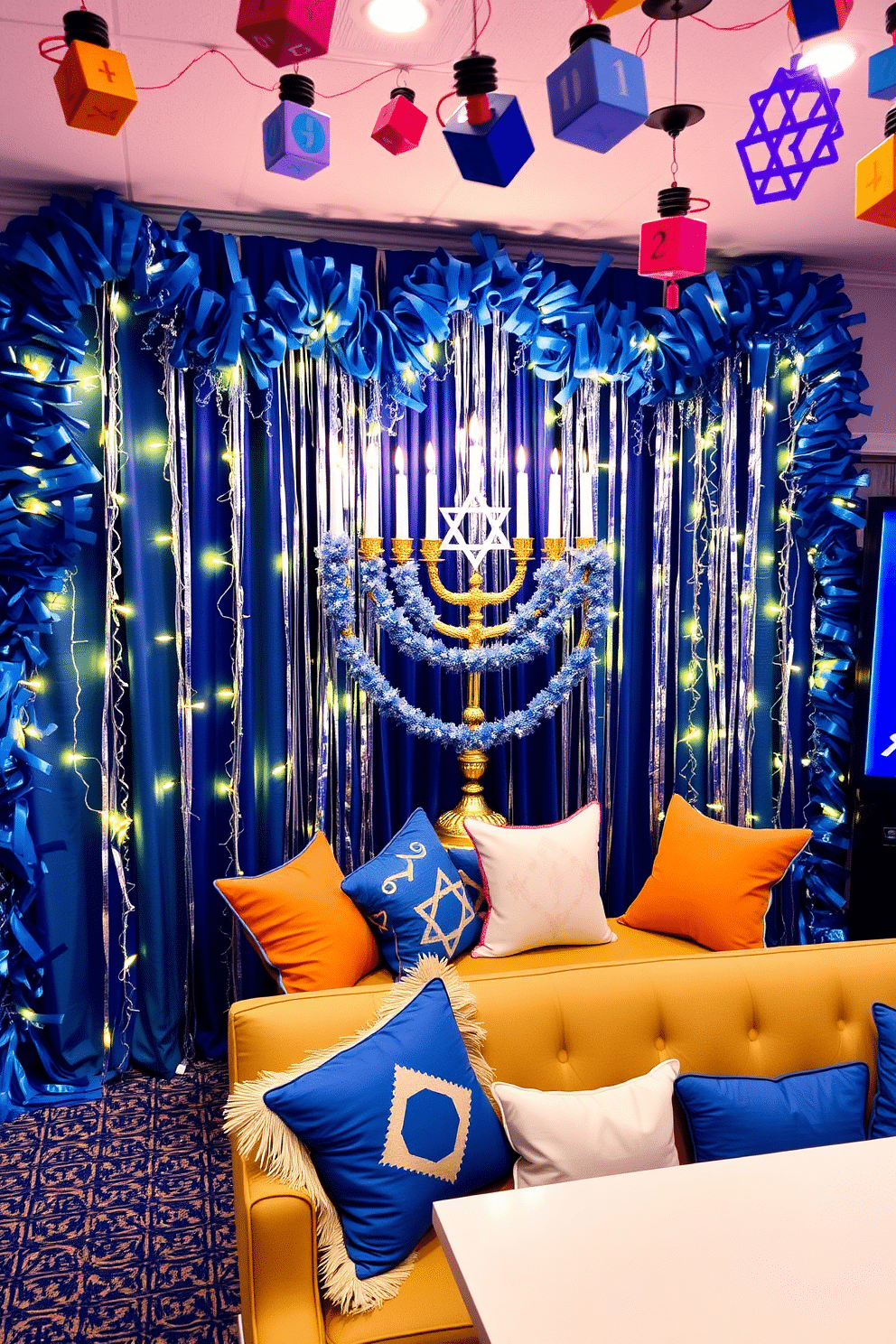 A vibrant Hanukkah-themed photo booth backdrop featuring a large, beautifully decorated menorah as the focal point. Surrounding the menorah are colorful garlands of blue and silver, with twinkling fairy lights creating a festive atmosphere. The game room is adorned with Hanukkah decorations that blend fun and tradition. Brightly colored dreidels and Stars of David hang from the ceiling, while a cozy seating area is set up with festive throw pillows and a table for games.