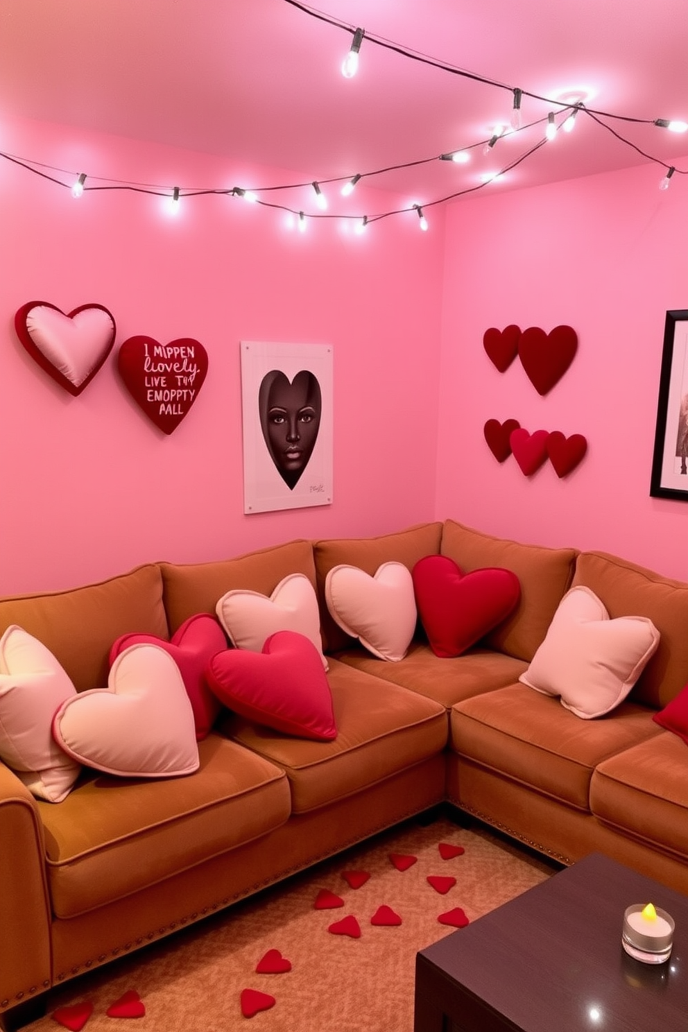 A cozy game room adorned with heart-shaped pillows and cushions scattered across a plush sectional sofa. The walls are painted in a soft pink hue, and string lights twinkle overhead, creating a warm and inviting atmosphere for Valentine's Day celebrations.