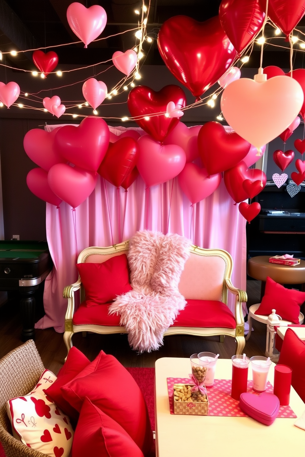 A whimsical Valentine's Day themed photo booth features a backdrop of oversized heart-shaped balloons in shades of pink and red, creating a festive atmosphere. In front of the backdrop, a vintage-style bench is adorned with plush pillows and a soft, faux fur throw, inviting guests to capture memorable moments. The game room is transformed into a romantic retreat with string lights draped across the ceiling and heart-shaped decorations hanging from the walls. A cozy seating area is set up with red and white cushions, and a table is decorated with heart-themed snacks and drinks, perfect for a fun Valentine's Day gathering.