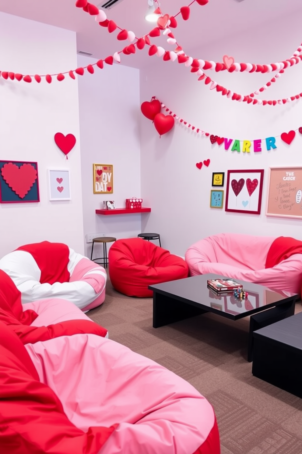 A vibrant game room featuring oversized red and white bean bags scattered around a sleek, modern coffee table. The walls are adorned with playful Valentine's Day decorations, including heart-shaped garlands and colorful wall art, creating a fun and inviting atmosphere.