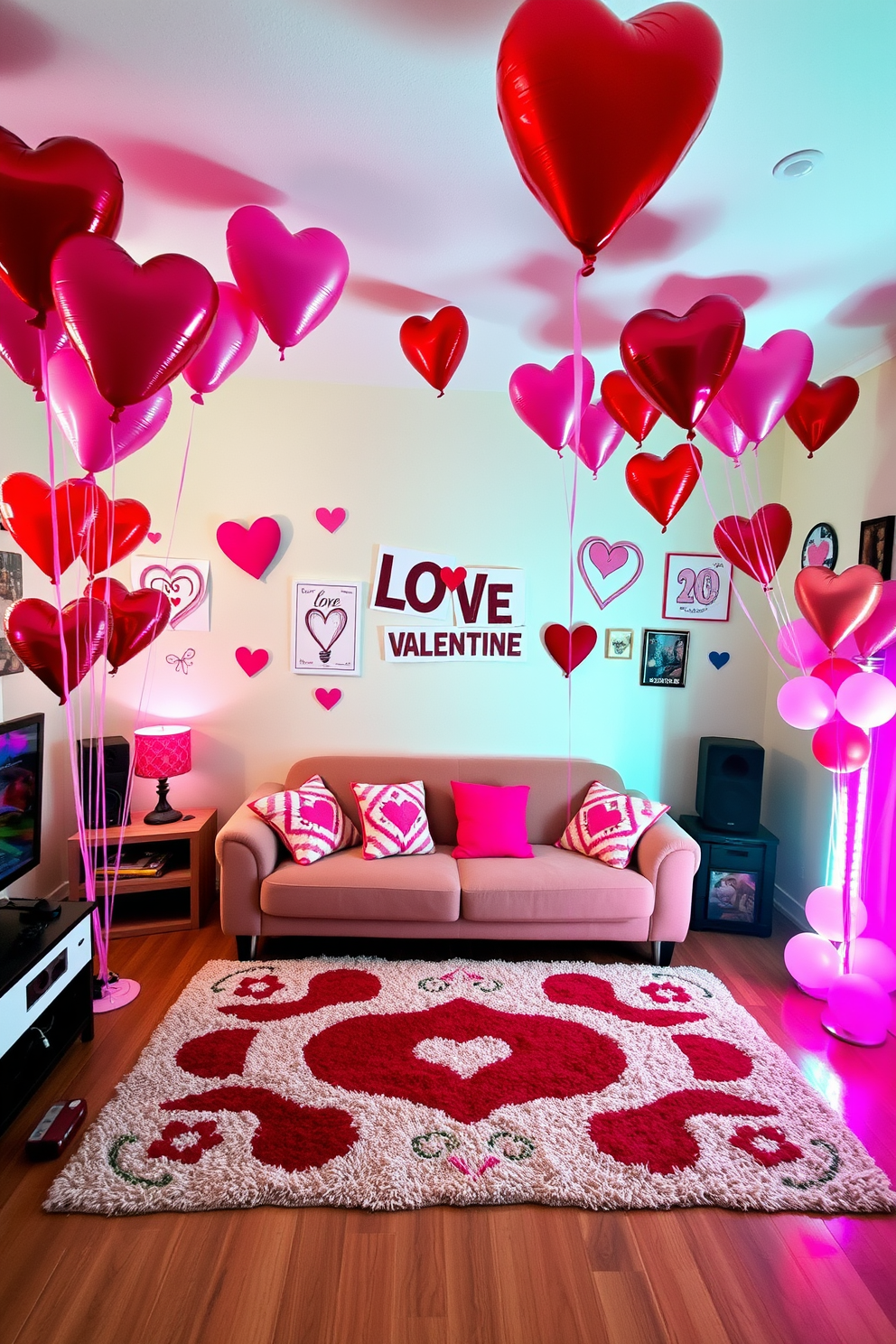 A vibrant game room decorated for Valentine's Day, filled with heart-shaped balloons in various shades of red and pink floating above a plush gaming sofa. The walls are adorned with playful wall art featuring love-themed graphics, and a cozy rug in the center invites guests to sit and enjoy the festivities.