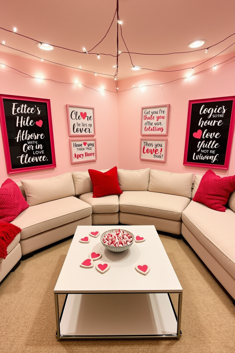 A cozy game room adorned with love quotes on the walls, creating an inviting atmosphere perfect for Valentine's Day celebrations. The walls are painted in a soft pastel hue, with playful typography showcasing romantic quotes framed in stylish, colorful frames. In the center of the room, a large sectional sofa is arranged around a sleek coffee table, decorated with heart-shaped coasters and a bowl of candy. String lights hang above, casting a warm glow, while plush throw pillows in shades of red and pink add a festive touch to the space.