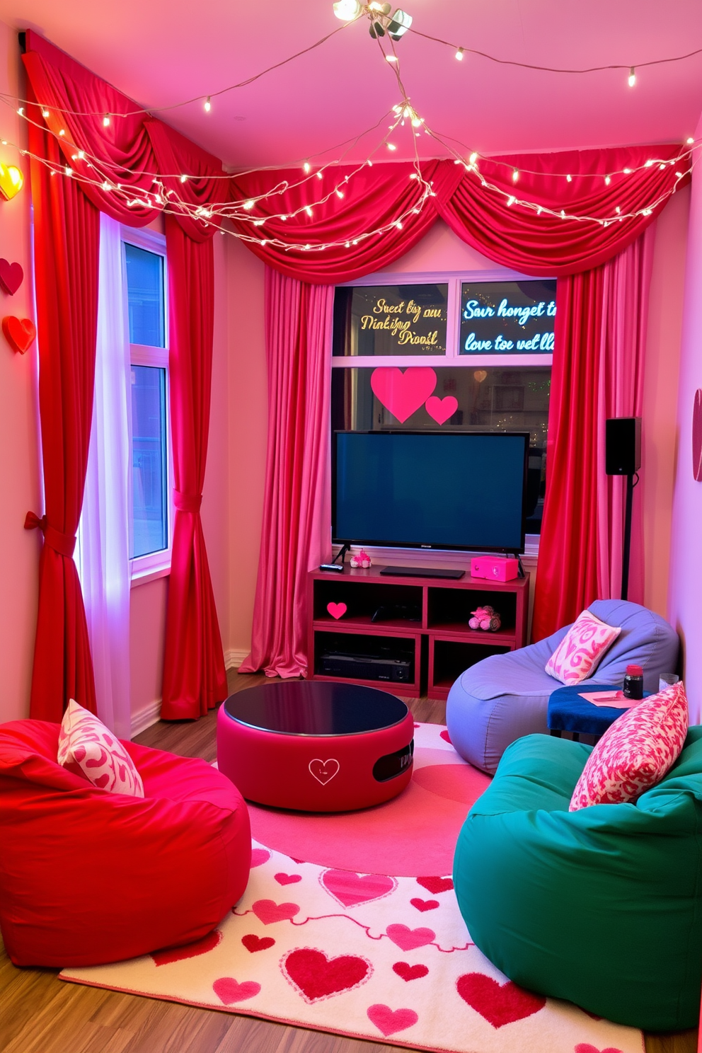 A vibrant game room adorned with playful decor for Valentine's Day. The windows are dressed in luxurious red and pink curtains that cascade elegantly to the floor, creating a warm and inviting atmosphere. Colorful bean bags and plush seating are arranged around a sleek gaming console, while heart-themed wall art adds a festive touch. A large area rug with a playful pattern anchors the space, and twinkling fairy lights are strung across the ceiling, enhancing the cheerful ambiance.