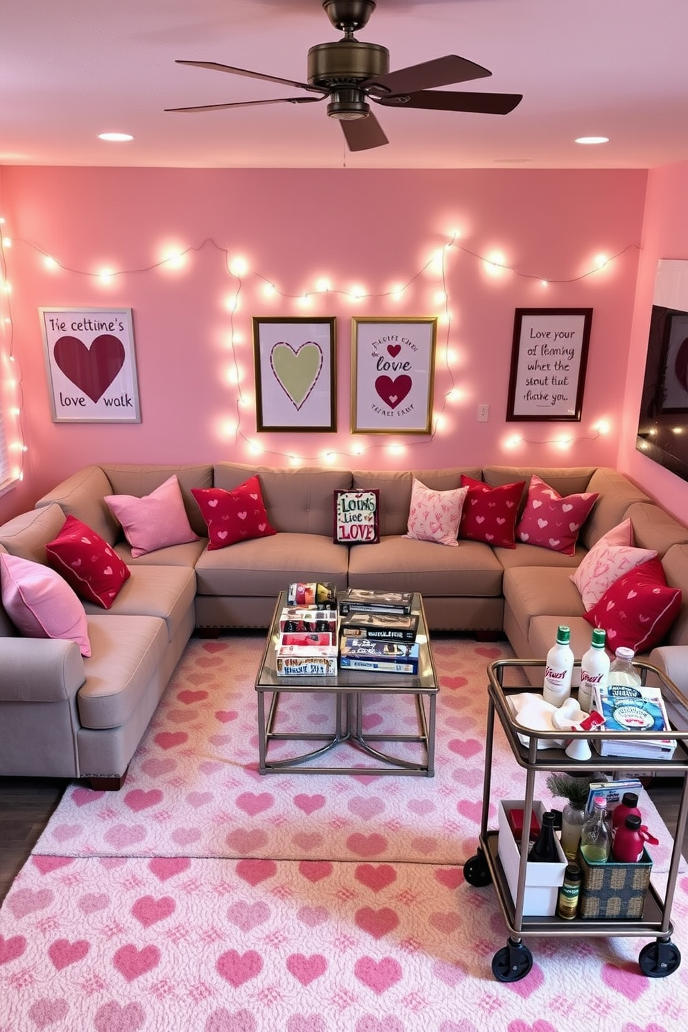 A cozy game room decorated for Valentine's Day features a large, plush sectional sofa adorned with heart-patterned throw pillows. A coffee table in the center is set with a selection of romantic board games, surrounded by soft, ambient lighting from heart-shaped fairy lights draped around the room. The walls are painted in a warm blush hue, complemented by framed artwork of whimsical hearts and love quotes. A festive rug with a playful pattern anchors the space, while a small bar cart displays themed snacks and drinks for a perfect game night atmosphere.