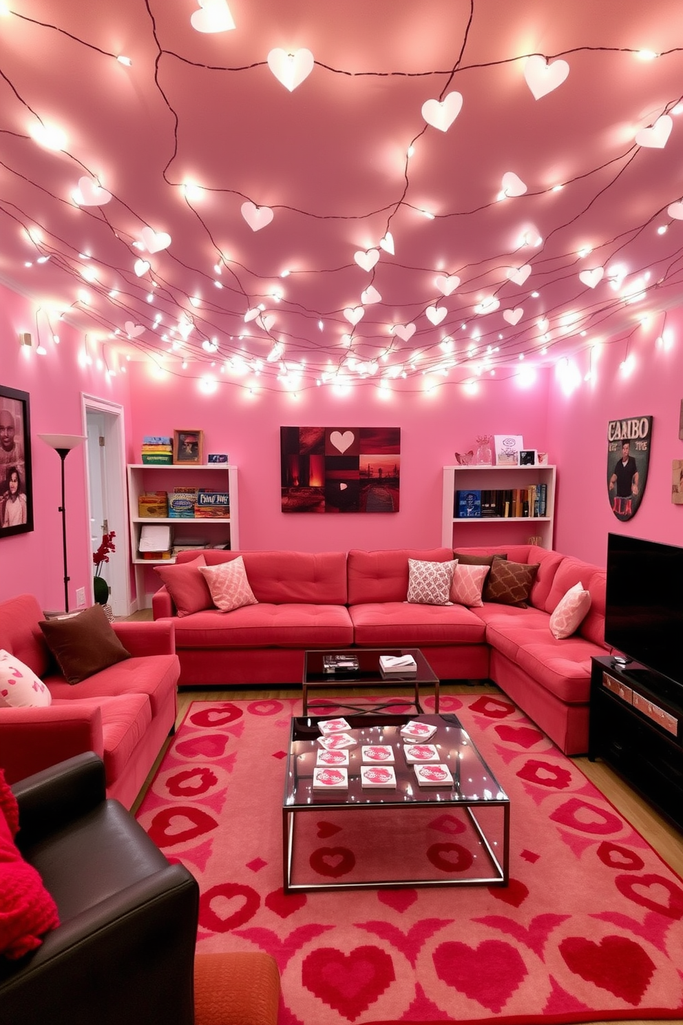 A cozy game room adorned with heart-shaped fairy lights strung across the ceiling, casting a warm and inviting glow. The walls are painted in a soft pink hue, and a plush sectional sofa in a deeper shade of rose provides ample seating for friends and family. A vibrant area rug with playful patterns anchors the space, while a sleek coffee table, decorated with heart-themed coasters, sits at the center. Shelves lined with board games and colorful decor complete the look, creating a fun and festive atmosphere perfect for Valentine's Day gatherings.