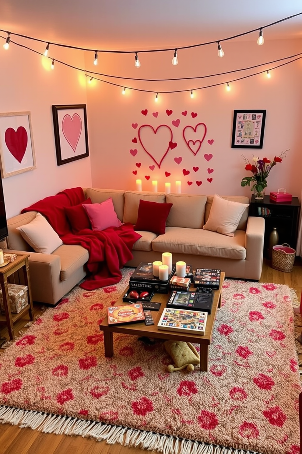 A cozy game room adorned for Valentine's Day features a plush sectional sofa draped with soft, red and pink throw blankets. The walls are decorated with heart-themed artwork, and a large, inviting rug sits under a coffee table adorned with candles and a selection of romantic board games. A romantic music playlist fills the air with soft melodies, creating an intimate atmosphere perfect for couples. String lights hang above the game area, casting a warm glow that enhances the playful yet romantic vibe of the space.