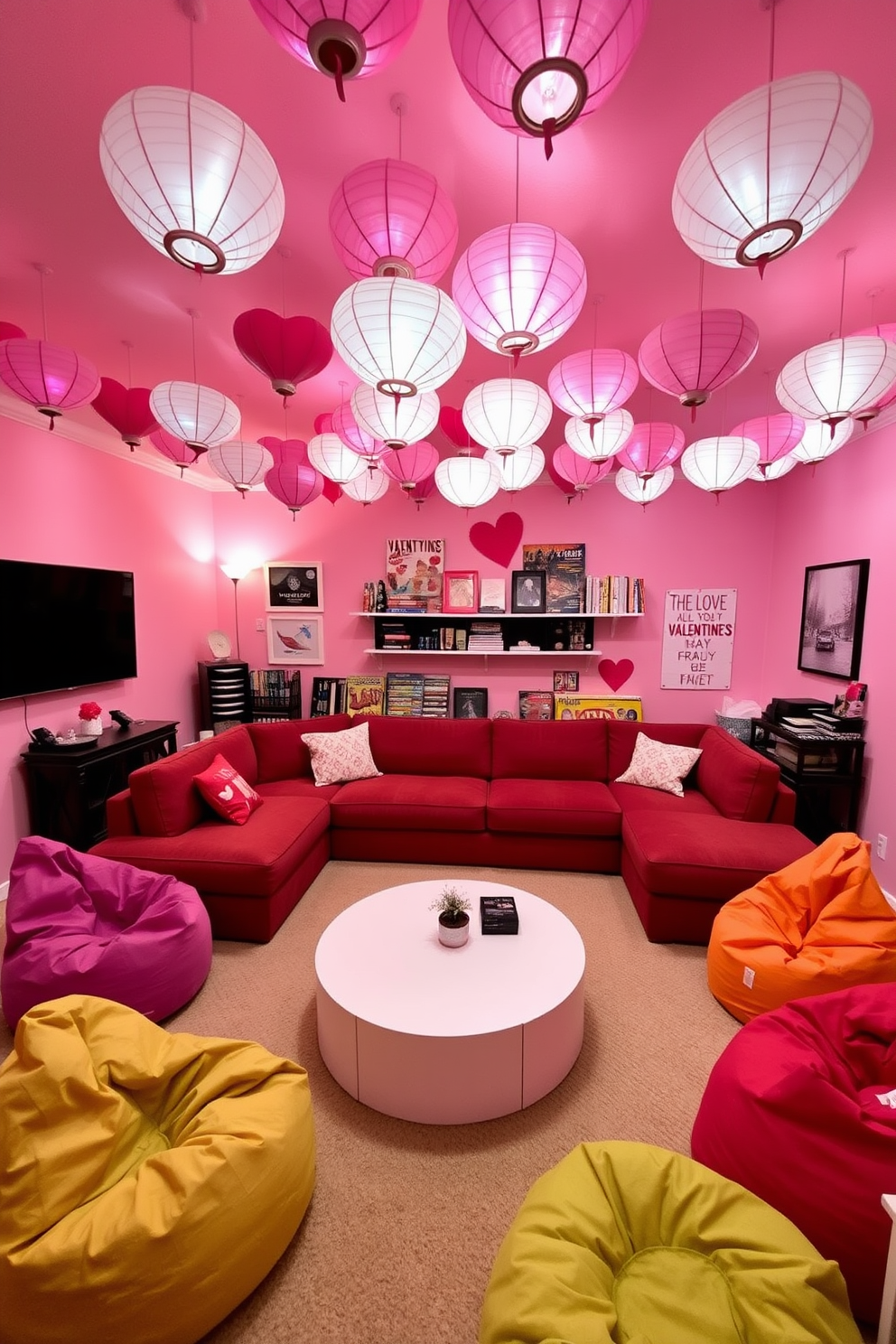 A cozy game room adorned with heart-shaped paper lanterns hanging from the ceiling, casting a warm glow throughout the space. The walls are painted in a soft pink hue, and a large sectional sofa is positioned around a sleek coffee table, creating an inviting atmosphere for friends and family to gather. Colorful bean bags are scattered across the floor, providing casual seating options for game nights. A wall-mounted shelf displays an array of board games and Valentine’s Day-themed decor, enhancing the festive spirit of the room.