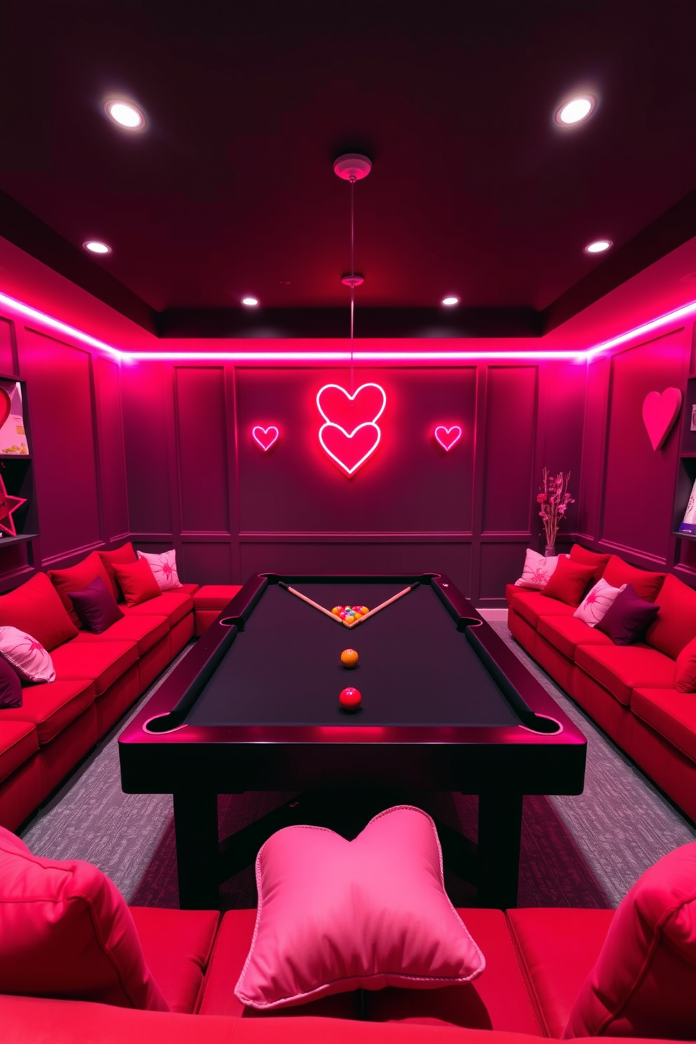 A vibrant game room adorned with red and pink LED lights creates a festive atmosphere for Valentine's Day. The walls are painted a deep charcoal gray, contrasting beautifully with the colorful lighting that outlines the gaming area. In the center, a sleek black pool table is surrounded by plush seating in shades of red and pink. Heart-shaped cushions and festive decorations are scattered throughout, adding a playful touch to the space.