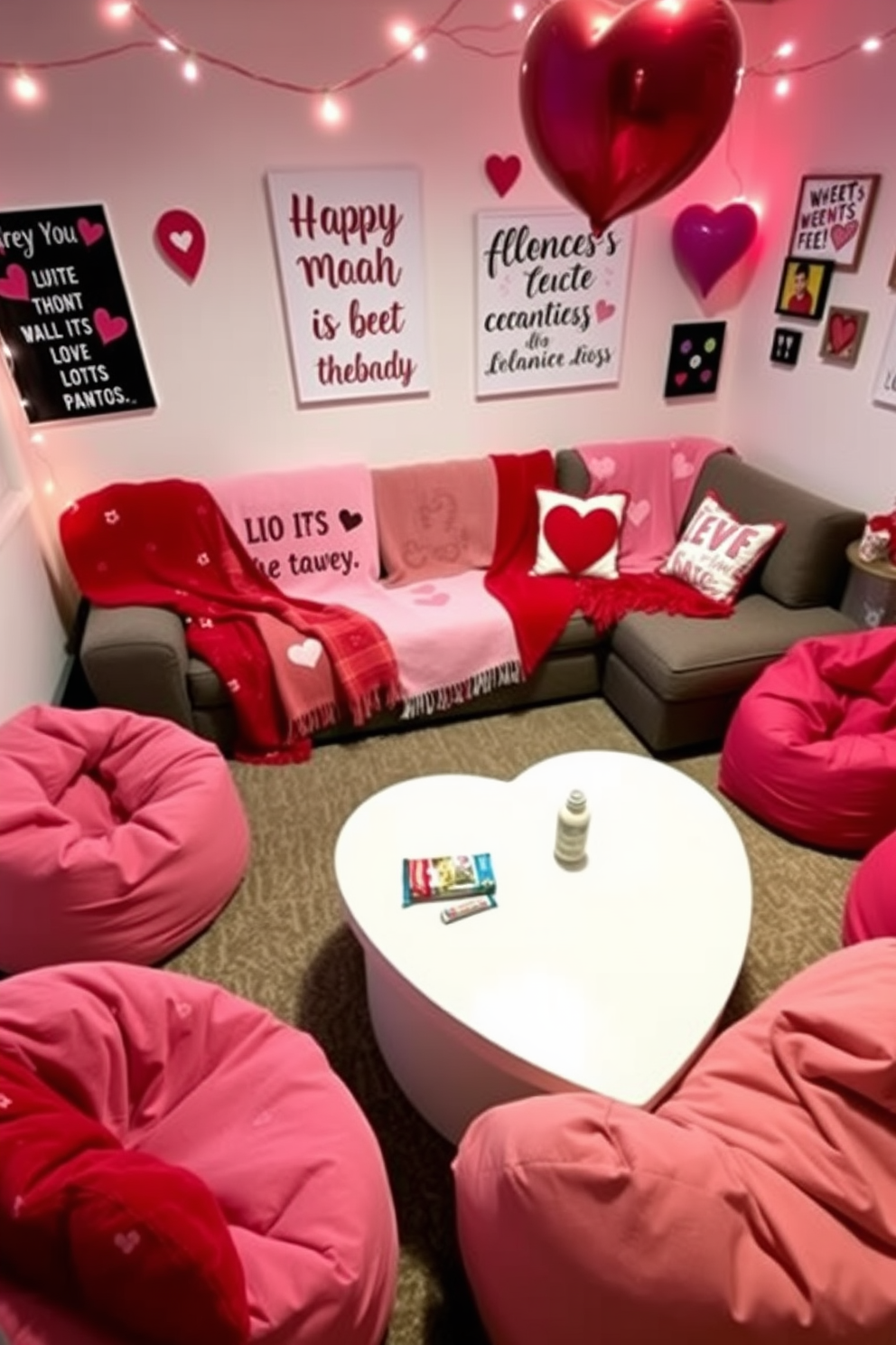 A cozy game room adorned for Valentine's Day features playful throw blankets in shades of red and pink, draped over a plush sectional sofa. Heart-patterned cushions complement the decor, while string lights create a warm, inviting atmosphere. In one corner, a heart-shaped coffee table holds snacks and drinks, surrounded by bean bags for a relaxed seating option. Wall art with romantic quotes and playful game-themed decorations enhance the festive spirit, making it the perfect space for celebrating love and fun.