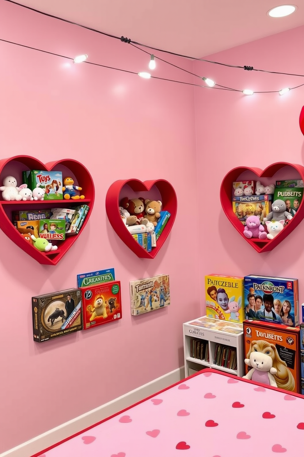 A playful game room decorated for Valentine's Day features heart-shaped wall shelves adorned with an array of colorful board games and plush toys. The walls are painted in a soft pink hue, and string lights twinkle above, creating a cozy and inviting atmosphere for gatherings.