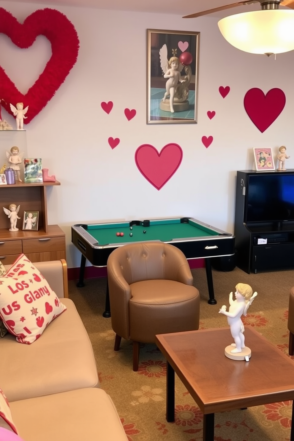 A playful game room decorated for Valentine's Day features Cupid figurines strategically placed on shelves and tables, adding a whimsical touch to the space. The walls are adorned with heart-themed artwork, and cozy seating areas invite friends and family to gather and enjoy games together.