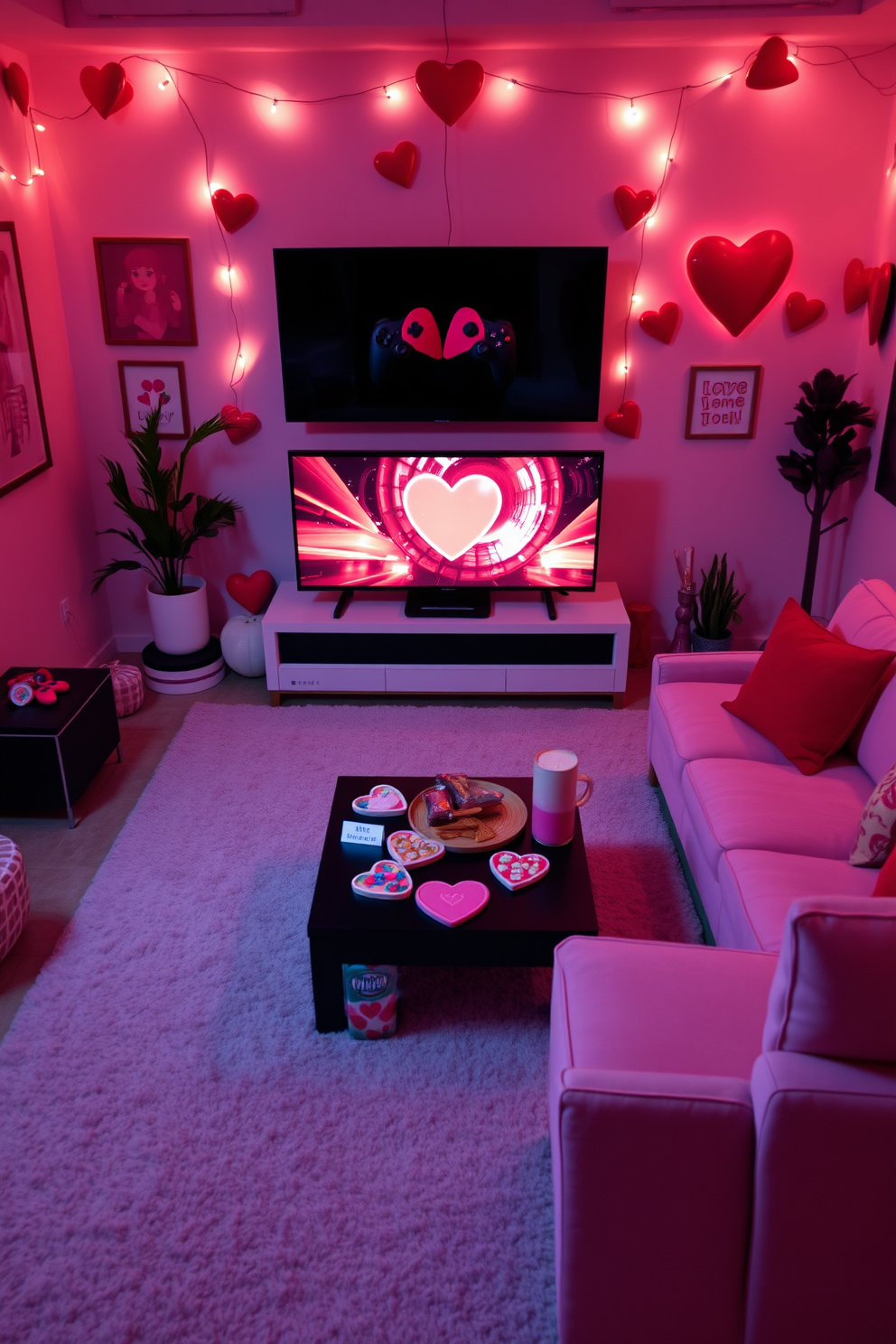 A vibrant game room designed for Valentine's Day, featuring heart-shaped game controllers prominently displayed on a sleek black gaming console. The walls are adorned with playful red and pink decor, including heart-themed artwork and string lights that create a cozy atmosphere for gaming sessions. In the center, a plush sectional sofa covered in soft, romantic hues invites players to relax and enjoy their favorite games. A coffee table decorated with heart-shaped coasters and themed snacks adds a festive touch, making it the perfect space for couples to celebrate their love while indulging in gaming fun.