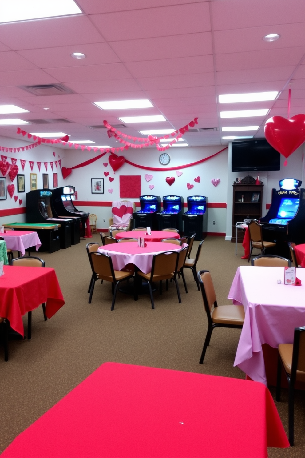 A vibrant game room decorated for Valentine's Day features tables draped in red and pink tablecloths, creating a festive atmosphere. The walls are adorned with heart-themed decorations, and cozy seating areas invite guests to relax and enjoy games together.