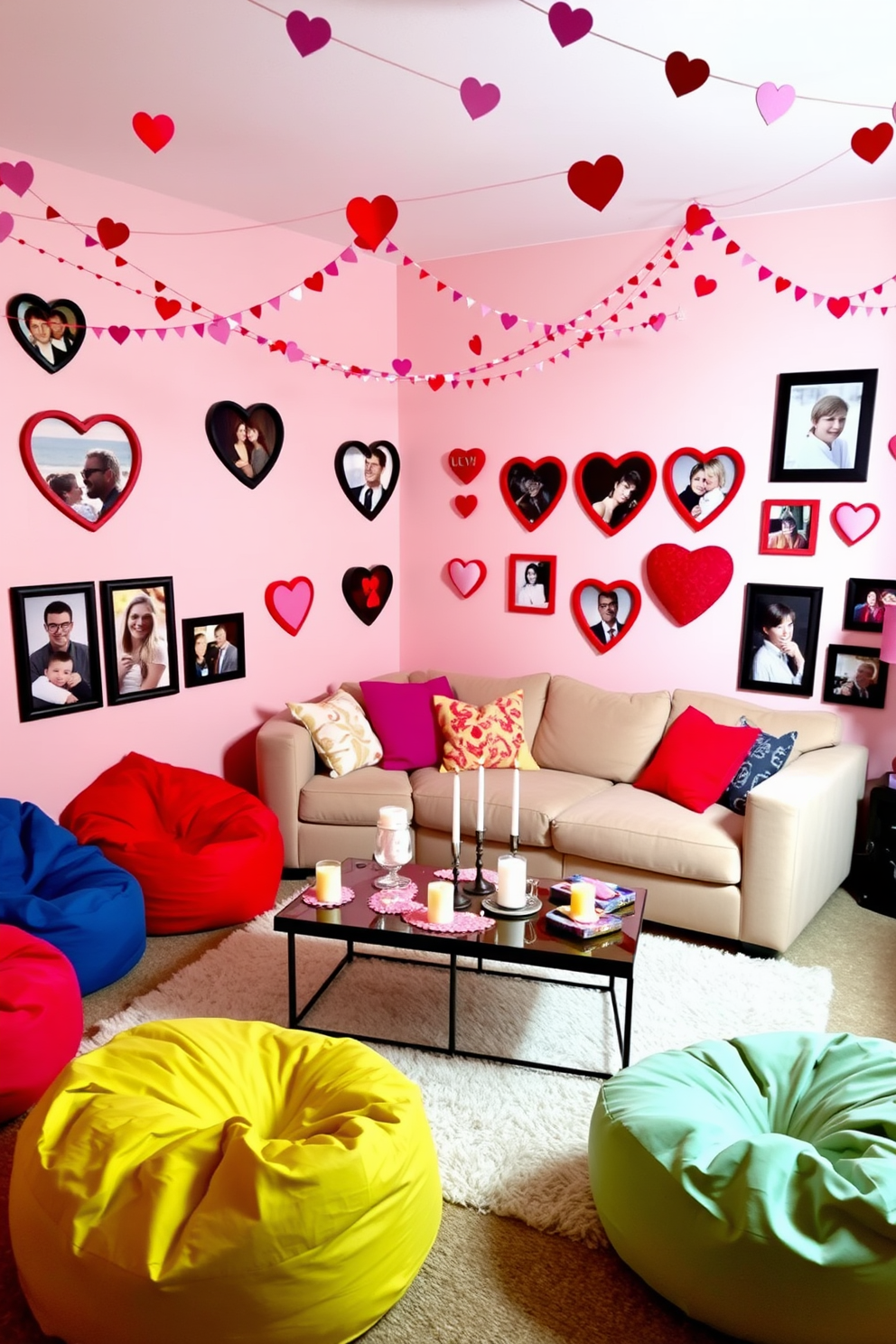 A cozy game room adorned with heart-shaped picture frames that showcase cherished memories. The walls are painted in a soft pastel hue, and a plush sectional sofa invites relaxation, surrounded by colorful bean bags for extra seating. Valentine's Day decorations bring a playful touch, with heart-themed garlands draping across the ceiling and vibrant cushions scattered throughout. A stylish coffee table, decorated with candles and candy hearts, serves as the perfect centerpiece for game nights with friends and family.