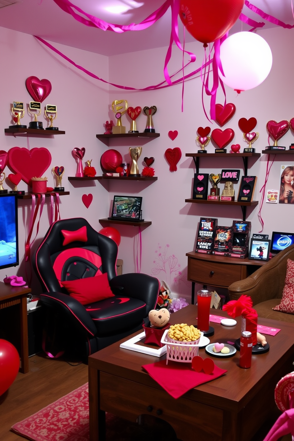 A cozy game room adorned with love-themed game trophies displayed on shelves and walls. The decor features heart-shaped accents and vibrant red and pink hues, creating a playful yet romantic atmosphere for Valentine's Day. In one corner, a plush gaming chair invites players to enjoy a fun night in, surrounded by themed decorations like balloons and streamers. A coffee table is set with heart-shaped snacks and drinks, perfect for a festive gaming experience with loved ones.