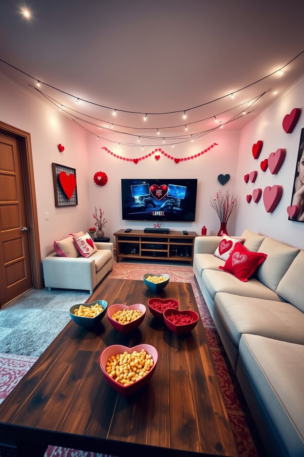 A cozy game room designed for Valentine's Day, featuring heart-shaped snack bowls placed on a rustic wooden coffee table. The walls are adorned with soft pink and red decorations, creating a warm and inviting atmosphere for couples and friends to enjoy. In one corner, a plush sectional sofa is arranged around a large screen for gaming, with heart-themed throw pillows adding a festive touch. Ambient lighting from string lights overhead casts a gentle glow, enhancing the romantic vibe of the space.