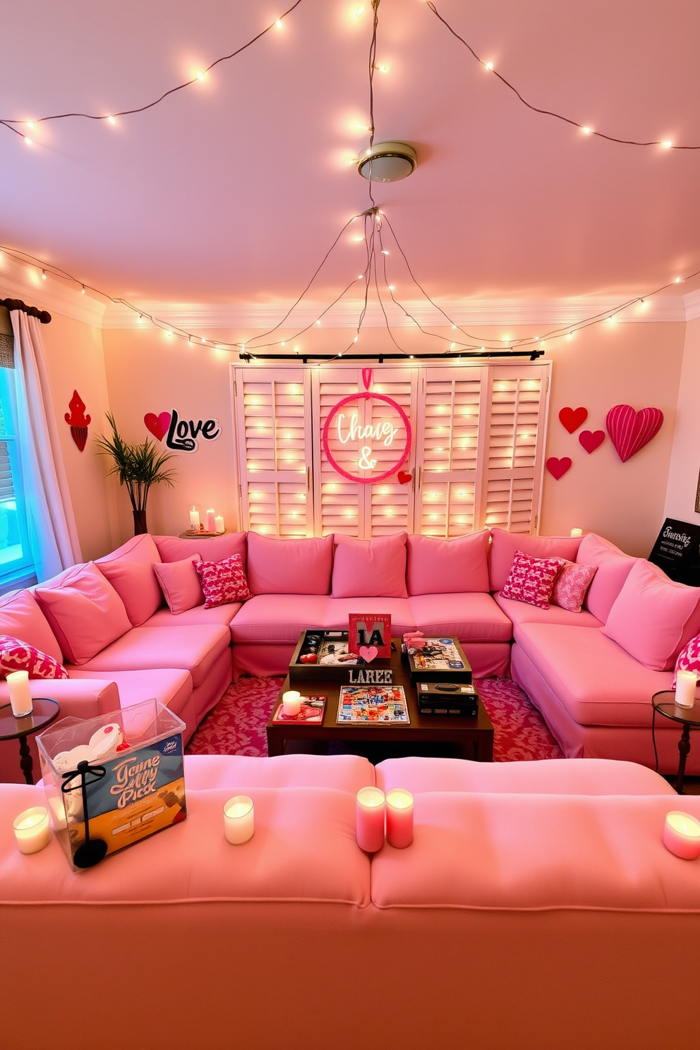 A cozy game room adorned for Valentine's Day, featuring a plush sectional sofa in soft pink hues. The space is illuminated by the warm glow of romantic candles placed strategically around the room, creating an inviting atmosphere. A large coffee table is surrounded by playful board games and heart-themed decorations, enhancing the festive spirit. String lights drape across the ceiling, adding a whimsical touch to the overall design.