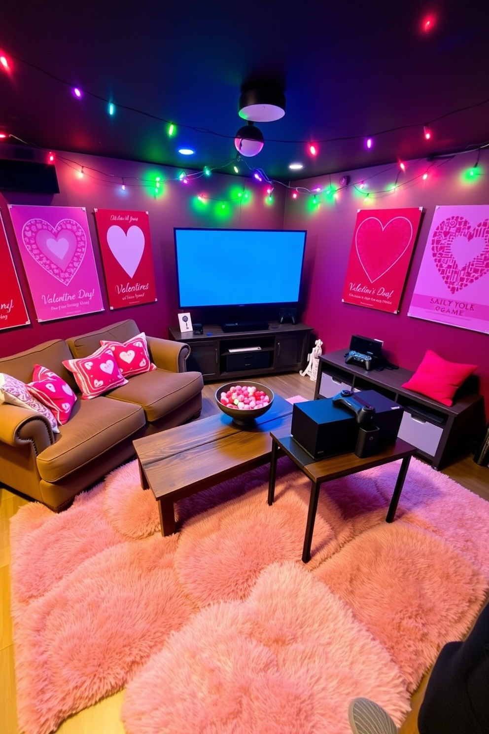 A cozy game room decorated for Valentine's Day, featuring heart-themed posters on the walls in vibrant reds and pinks. A plush sectional sofa adorned with heart-patterned throw pillows faces a large screen, while a rustic coffee table holds a bowl of heart-shaped candies. Colorful string lights hang from the ceiling, casting a warm glow over the space. A gaming console sits on a stylish media unit, surrounded by plush rugs in shades of pink and white, creating an inviting atmosphere for friends and family to gather.