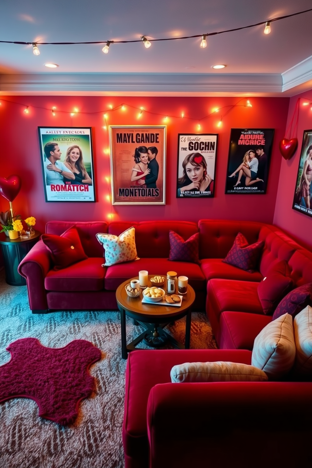 A cozy game room adorned with romantic movie posters on the walls. The space features a plush sectional sofa in deep red velvet, surrounded by soft lighting and playful decor elements that evoke a sense of love and fun. For Valentine's Day, the game room is decorated with heart-shaped cushions and string lights that twinkle softly. A large coffee table is set with snacks and drinks, creating an inviting atmosphere for a romantic movie night.