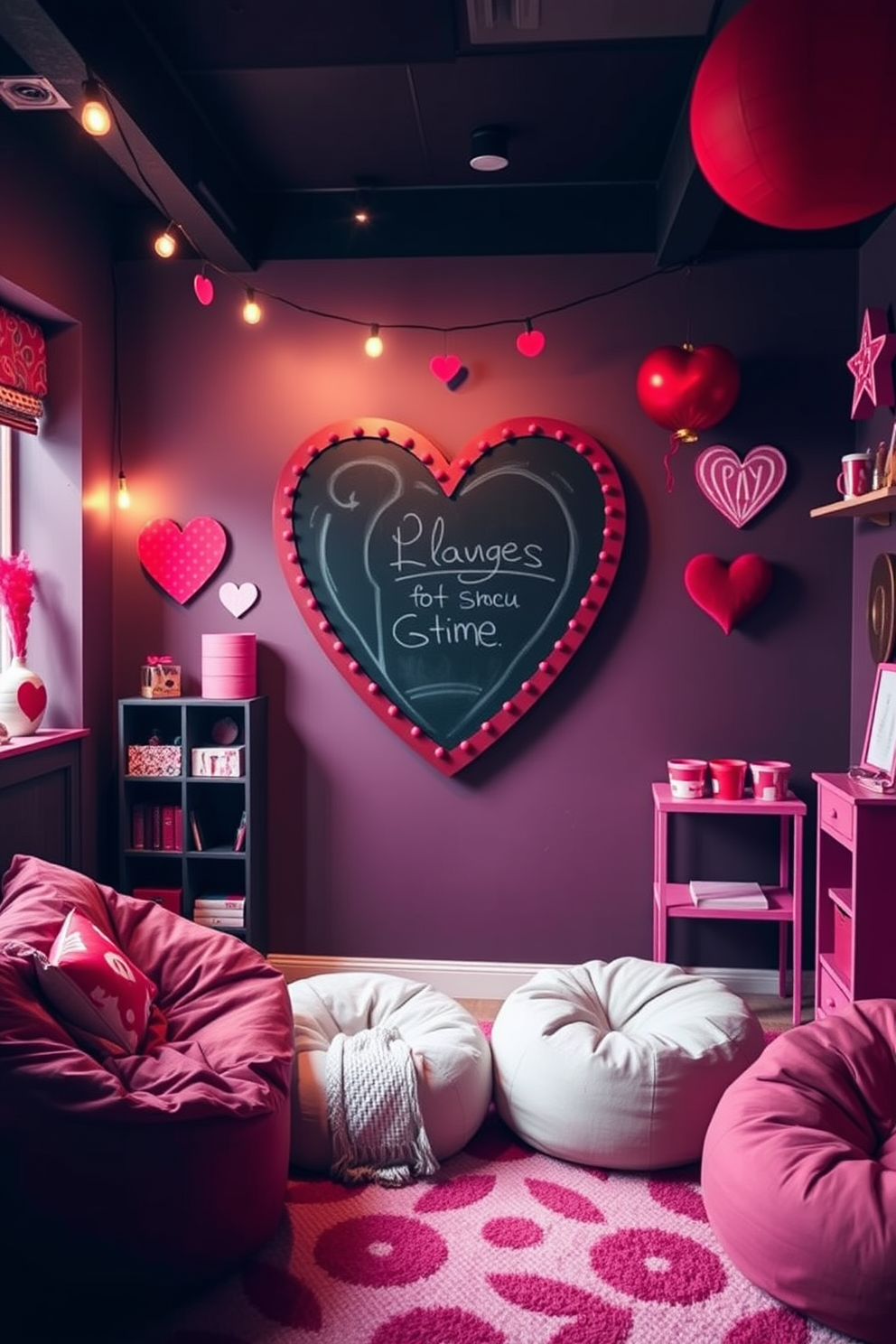 A whimsical game room featuring a heart-shaped chalkboard mounted on the wall, surrounded by playful decor in shades of red and pink. Cozy seating arrangements with plush bean bags invite relaxation, while string lights add a warm glow to the festive atmosphere.