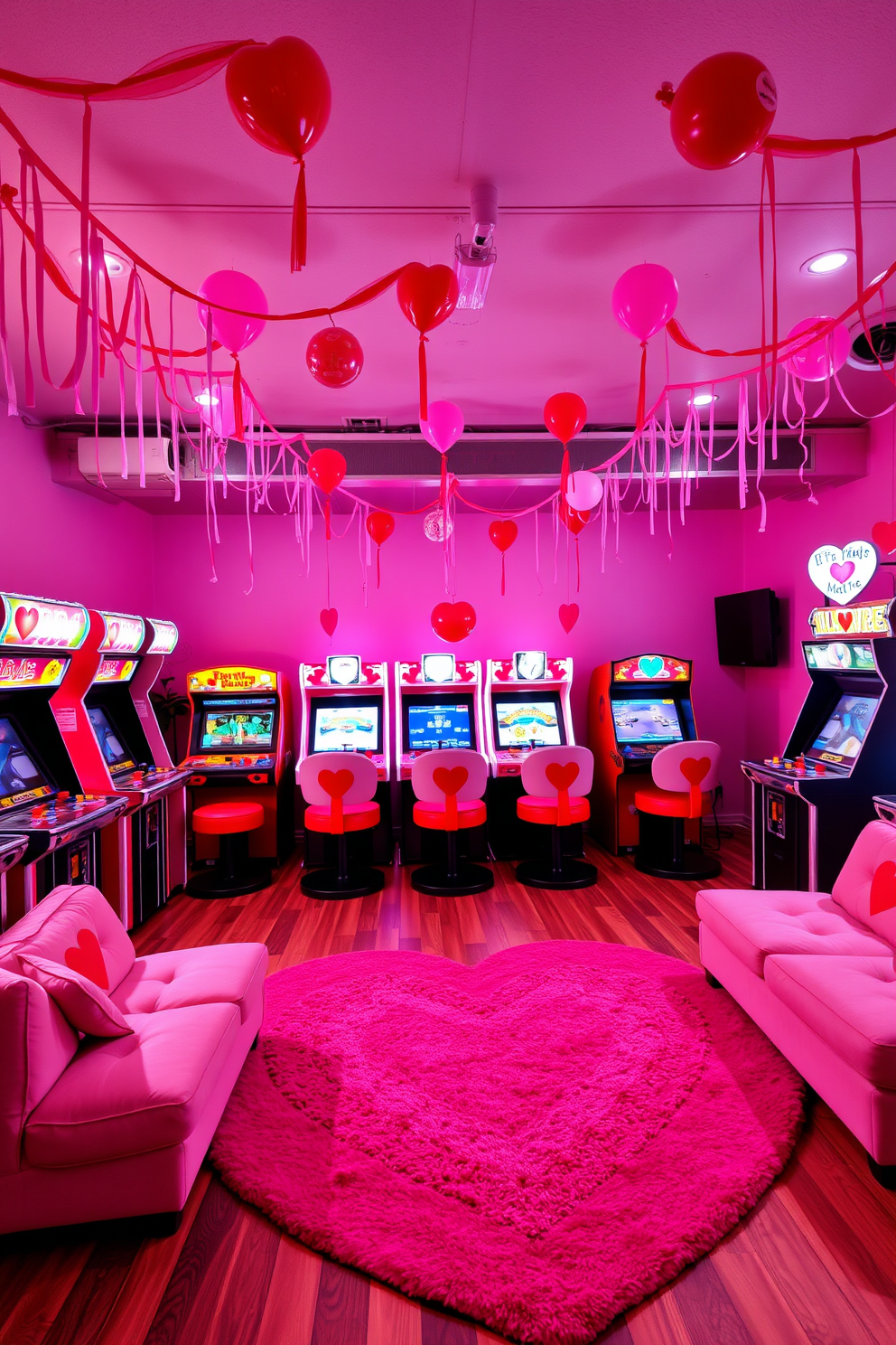 A vibrant game room transformed for Valentine's Day, featuring a collection of arcade machines adorned with heart-themed decals. Soft pink and red lighting creates a romantic ambiance, while plush seating areas invite couples to relax between games. Colorful streamers and balloons in shades of red, pink, and white hang from the ceiling, adding a festive touch. A large heart-shaped rug anchors the space, providing a cozy spot for players to enjoy snacks and drinks.