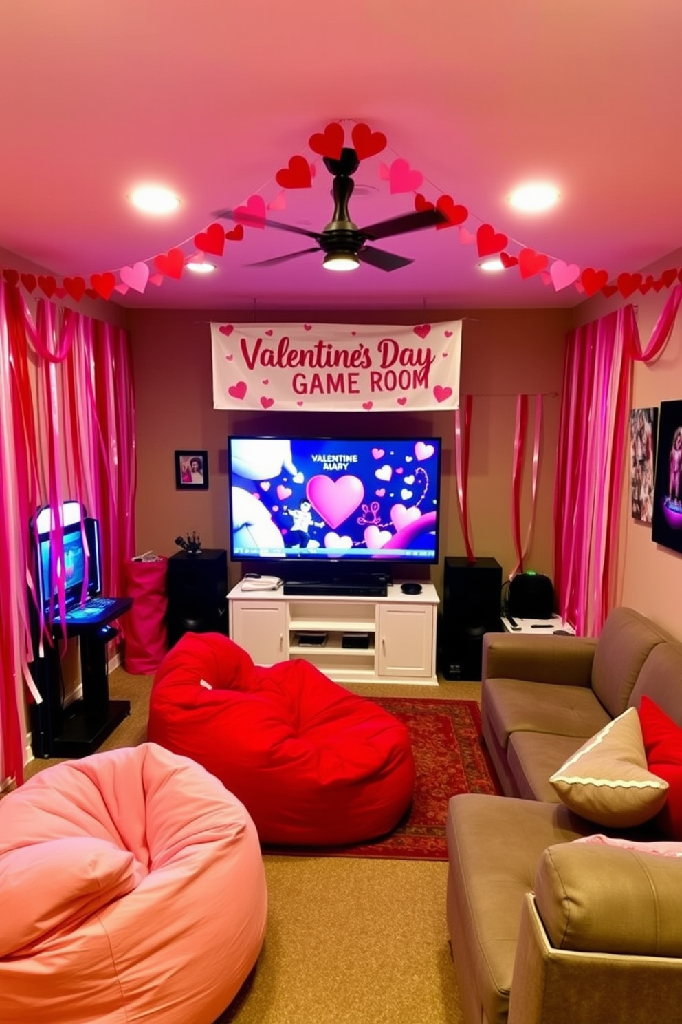 A vibrant game room adorned with a heart garland and colorful streamers creates a festive Valentine's Day atmosphere. The walls are draped with playful streamers in shades of pink and red, while the heart garland adds a whimsical touch above the gaming area. A cozy seating arrangement features plush bean bags and a sectional couch, inviting friends to gather and celebrate. A large, heart-themed banner hangs above the entertainment center, complementing the playful decor and enhancing the festive spirit.