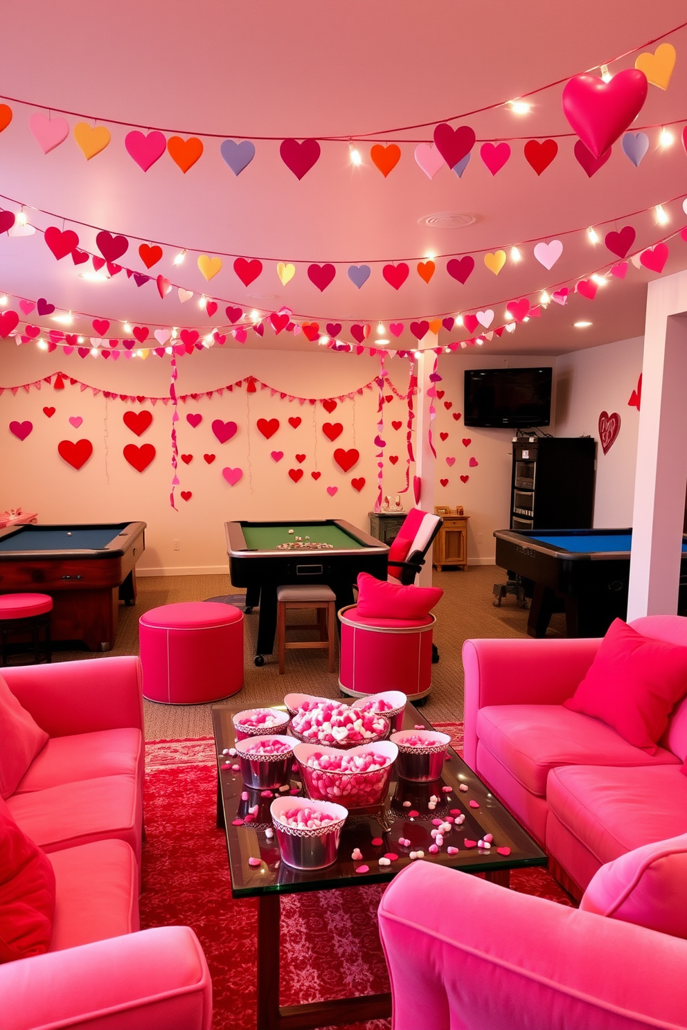 A vibrant game room adorned with candy heart decorations creates a playful and festive atmosphere. Colorful heart-shaped garlands drape across the walls, while plush seating in shades of pink and red invites guests to relax and enjoy the space. The coffee table is decorated with a centerpiece of heart-shaped candy dishes, overflowing with sweet treats. Soft lighting from string lights adds a warm glow, enhancing the cheerful vibe for a perfect Valentine's Day gathering.