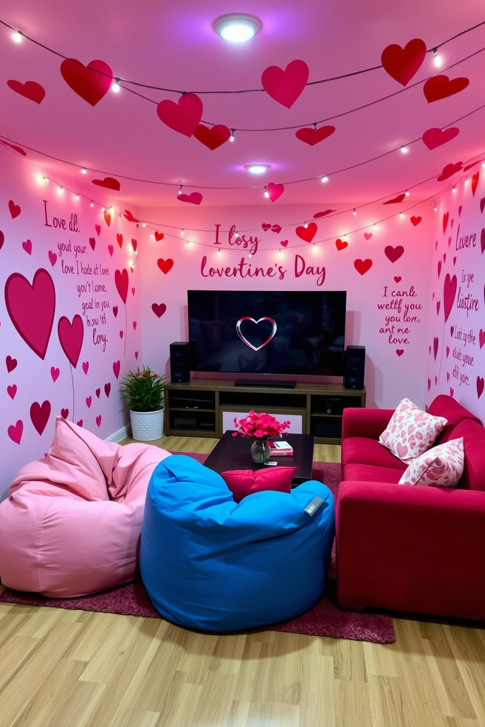 A vibrant game room decorated for Valentine's Day features love-themed wall decals in playful colors. The walls are adorned with heart-shaped designs and romantic quotes, creating a cheerful and inviting atmosphere. In the center of the room, a large bean bag and a cozy sofa are arranged around a coffee table, perfect for gaming sessions. Soft lighting from string lights enhances the romantic vibe, while plush cushions add comfort and style.