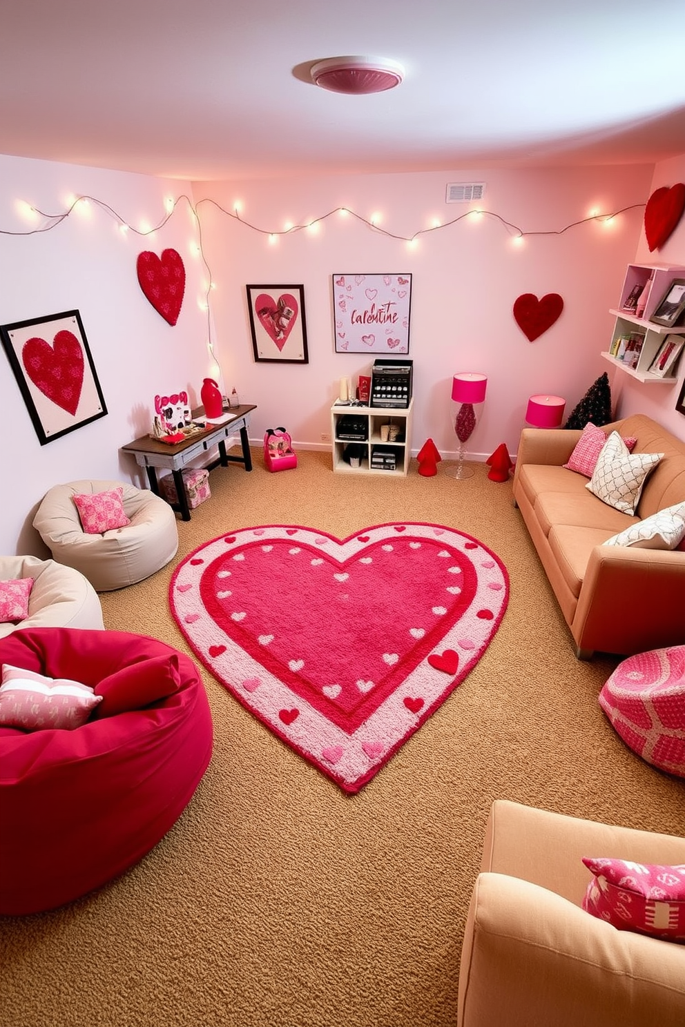 A vibrant game room designed for Valentine's Day features a large heart-shaped rug at the center, adorned with playful patterns in shades of pink and red. Surrounding the rug are cozy seating arrangements, including bean bags and a plush sofa, creating an inviting atmosphere for friends and family to gather and enjoy games together. The walls are decorated with heart-themed artwork and fairy lights, adding a whimsical touch to the space. A snack bar is set up in one corner, complete with heart-shaped treats and festive drinks, enhancing the celebratory mood of the room.