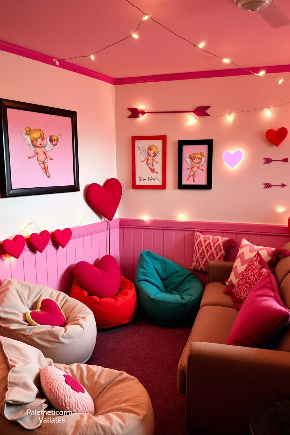 A playful game room adorned with Cupid and arrow wall art, featuring vibrant colors and whimsical designs. The walls are painted in a soft pastel hue, with framed art pieces showcasing vintage-style Cupid illustrations and arrows, creating a cheerful and romantic atmosphere. Cozy seating arrangements with plush bean bags and a sectional sofa invite guests to relax. Valentine's Day decorations include heart-shaped pillows, string lights, and playful accents that enhance the festive vibe while maintaining a fun gaming environment.