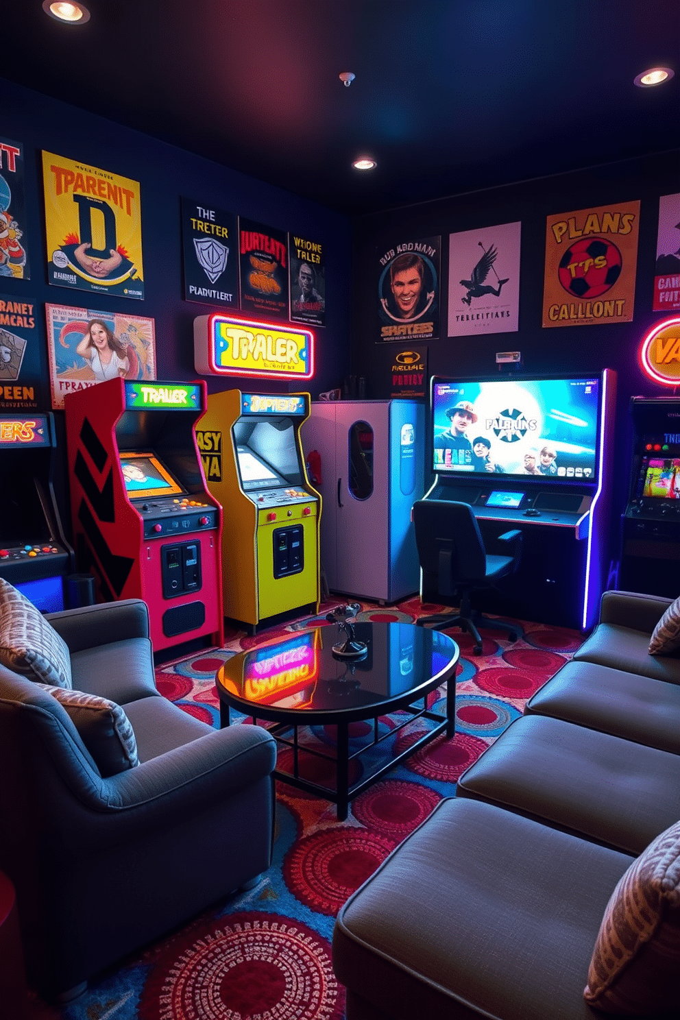 A vibrant retro arcade machine display area featuring colorful cabinets and neon lights. The walls are adorned with vintage posters, and a plush carpet in bold patterns adds a playful touch to the floor. A cozy gaming man cave designed for ultimate relaxation and entertainment. Comfortable seating is arranged around a large screen, with ambient lighting creating a welcoming atmosphere for gaming sessions.