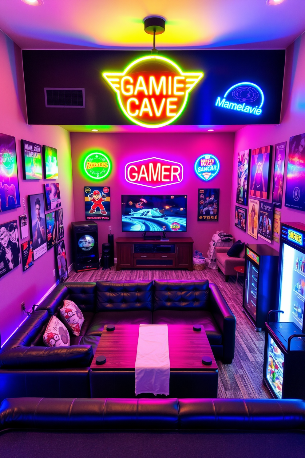 A vibrant gaming man cave featuring neon signs that evoke nostalgia. The walls are adorned with retro-themed posters, and colorful LED lighting enhances the lively atmosphere. A plush sectional sofa in dark leather sits at the center, surrounded by a custom-built entertainment unit. The space includes a pool table and a mini-fridge stocked with snacks and beverages for an ultimate gaming experience.