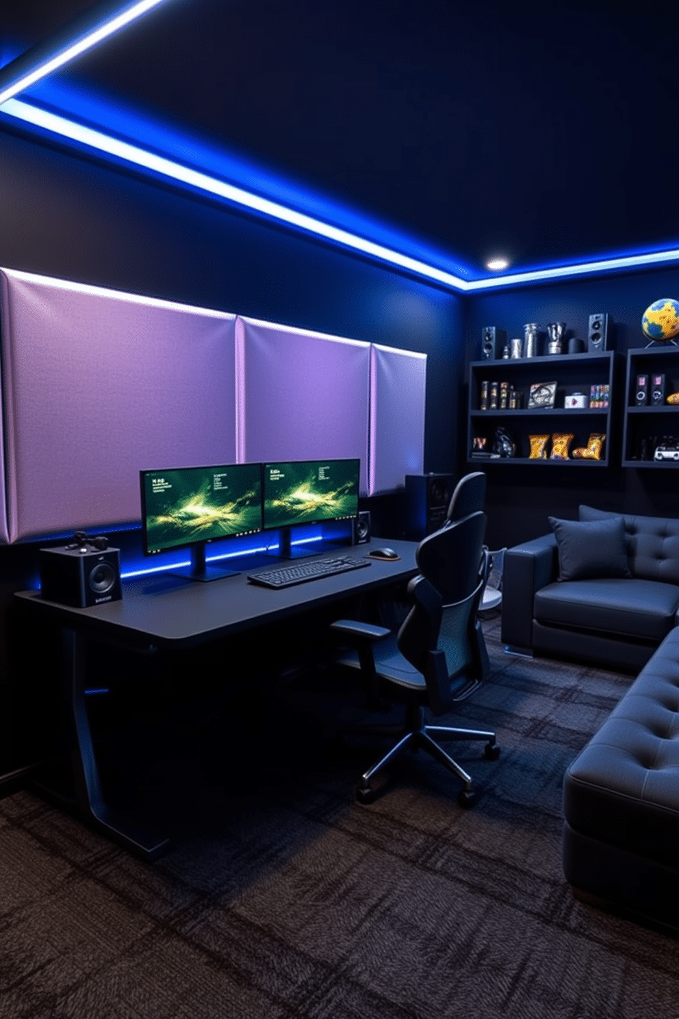 A sleek gaming desk with an ergonomic design features a spacious surface for multiple monitors and a built-in cable management system. The desk is complemented by an adjustable gaming chair that provides optimal support during long sessions, set against a backdrop of LED strip lighting that enhances the ambiance. The gaming man cave is designed with a dark color palette, featuring soundproofing panels on the walls and a plush carpet for comfort. It includes a large sectional sofa, a mini-fridge stocked with snacks, and wall-mounted shelves displaying collectibles and gaming memorabilia, creating a perfect retreat for gaming enthusiasts.