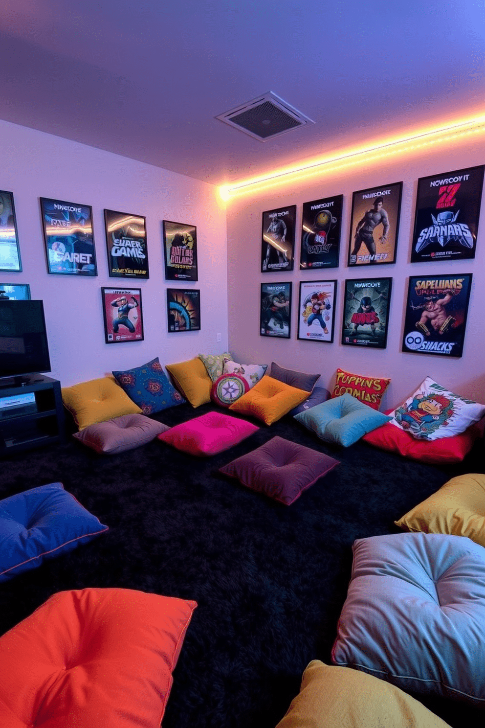 A cozy gaming man cave features an array of colorful floor cushions scattered across a plush, dark carpet, creating an inviting atmosphere for casual gaming sessions. The walls are adorned with framed posters of classic video games, while soft LED strip lighting casts a warm glow, enhancing the relaxed vibe.