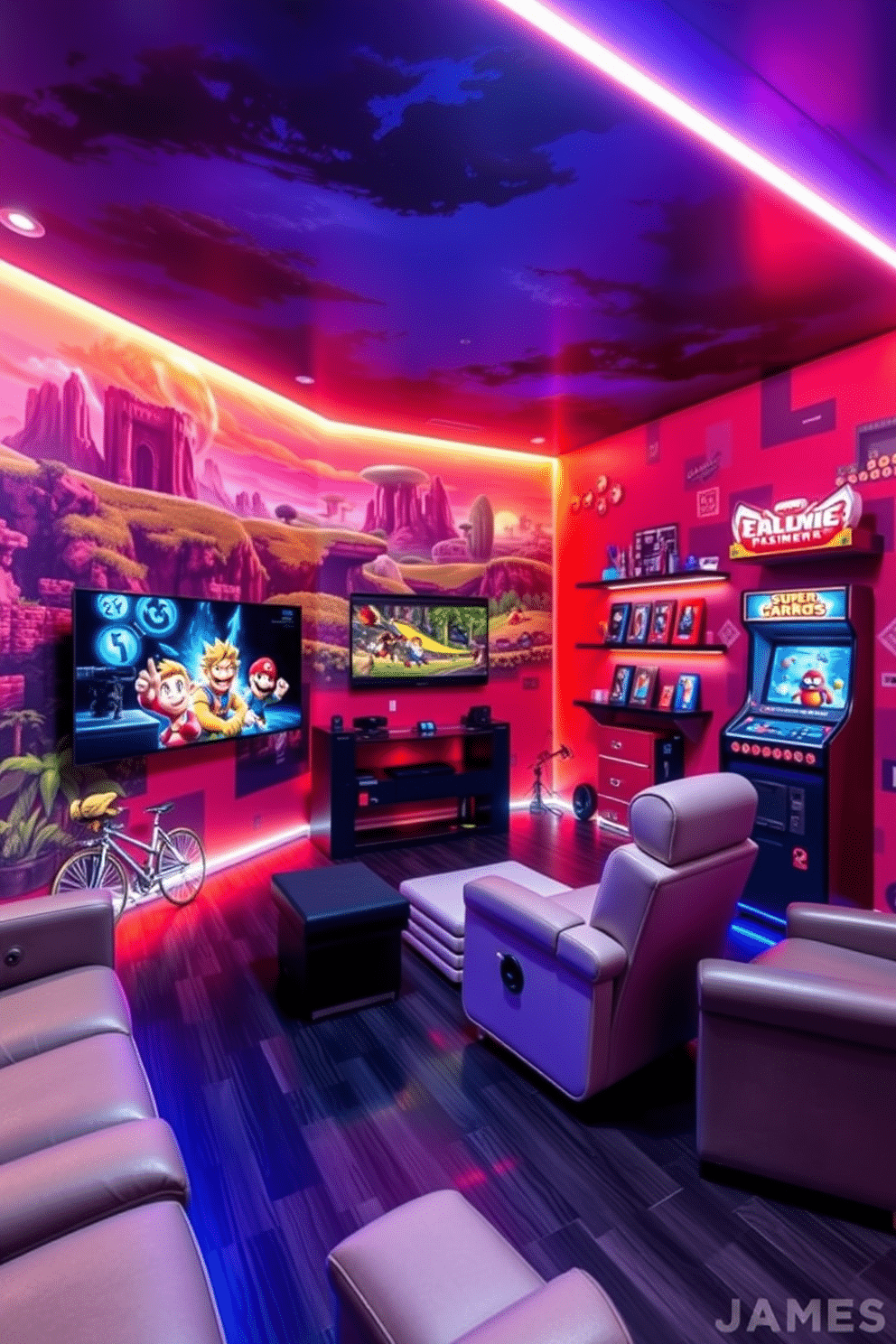 A vibrant gaming man cave featuring large wall murals depicting iconic video game scenes. The room is filled with comfortable seating, a large screen for gaming, and ambient LED lighting that enhances the immersive atmosphere. On one wall, a mural showcases a fantasy landscape from a popular RPG, while another wall features a retro arcade design with pixelated characters. The flooring is a sleek dark laminate, and shelves display collectible gaming memorabilia, creating a perfect blend of style and nostalgia.