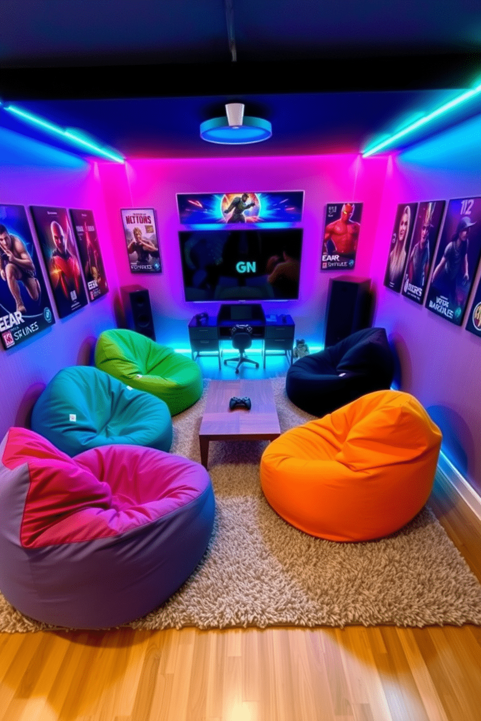 A cozy gaming man cave featuring oversized, colorful bean bags arranged around a low coffee table. The walls are adorned with gaming posters, and ambient LED lights create a vibrant atmosphere. The floor is covered with a plush area rug, providing warmth and comfort for long gaming sessions. A large screen is mounted on the wall, with a gaming console and accessories neatly organized nearby.