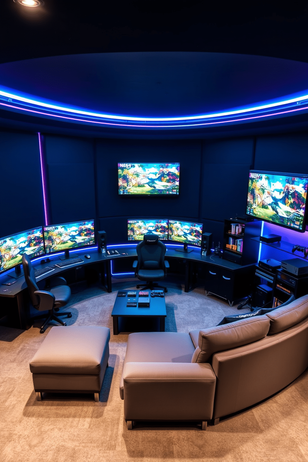 A multi-screen setup for immersive gameplay features an expansive curved desk that holds three large monitors, each displaying vibrant game graphics. The walls are adorned with LED strip lights that change colors, enhancing the gaming atmosphere while a high-backed ergonomic chair provides comfort during long sessions. The gaming man cave is designed with soundproofing panels in dark colors to minimize noise and create an immersive experience. A plush sectional sofa sits in front of the screens, complemented by a sleek coffee table and shelves filled with gaming collectibles and consoles.