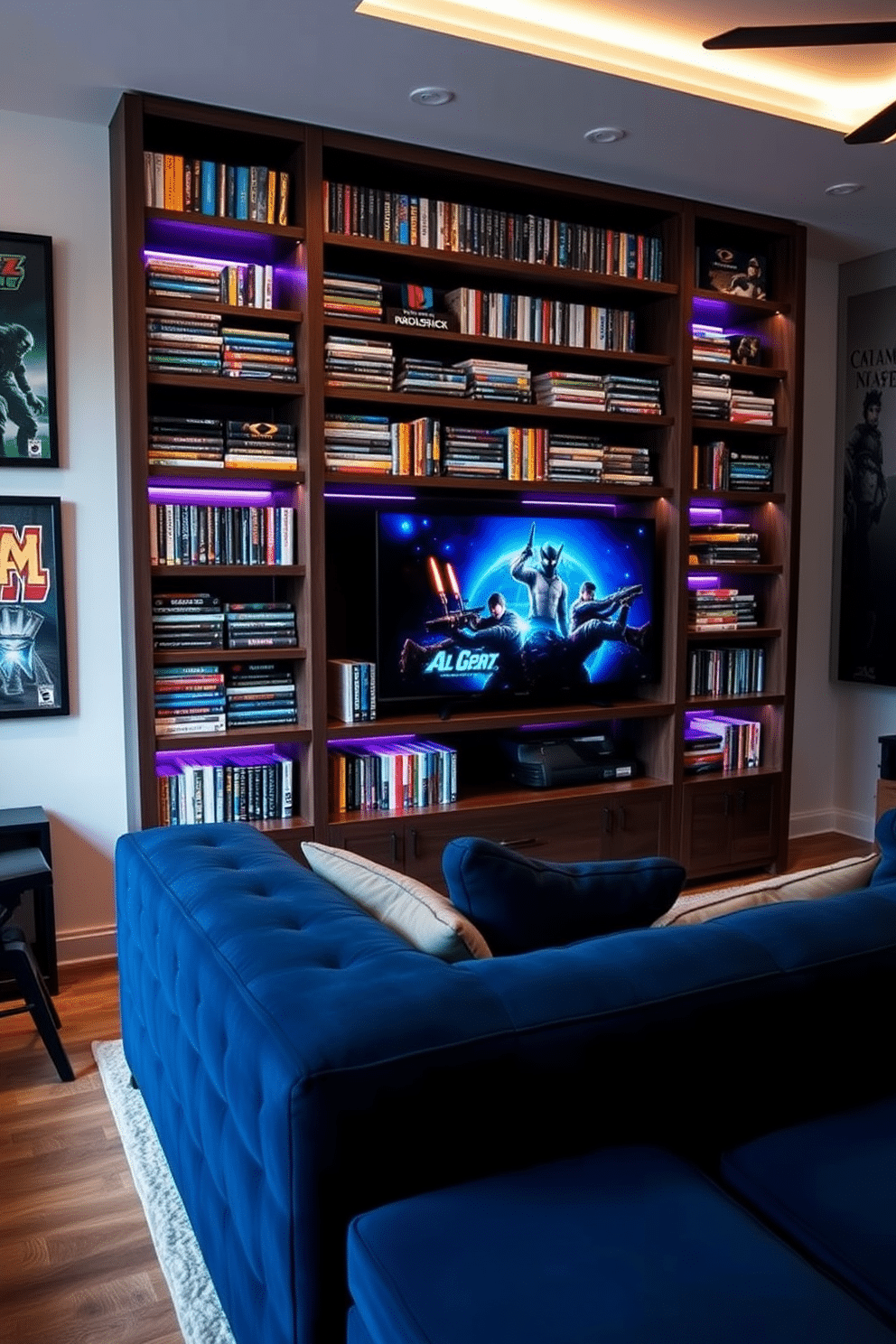 A sleek, custom shelving unit designed specifically for an extensive game collection, crafted from dark walnut wood with integrated LED lighting to highlight the games. The shelves are adjustable, allowing for various sizes of game boxes, and feature a minimalistic design that complements the overall aesthetic of the room. Incorporate a gaming man cave with a plush sectional couch in deep blue, facing a large wall-mounted screen. The walls are adorned with framed posters of classic video games, and ambient lighting creates a cozy atmosphere, perfect for immersive gaming sessions.