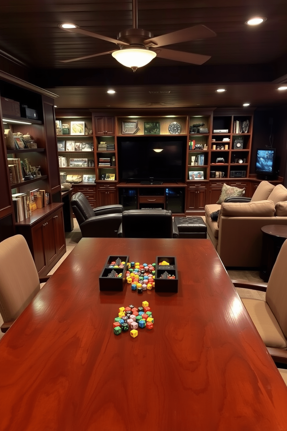 A cozy tabletop gaming area features a large wooden table surrounded by comfortable, upholstered chairs. On the table, an organized display of colorful dice sits in decorative containers, with a backdrop of shelves filled with board games and miniatures. The gaming man cave is designed for relaxation and entertainment, featuring dark wood paneling and ambient lighting. A plush sectional sofa faces a large screen, with gaming consoles and a snack bar conveniently located nearby.