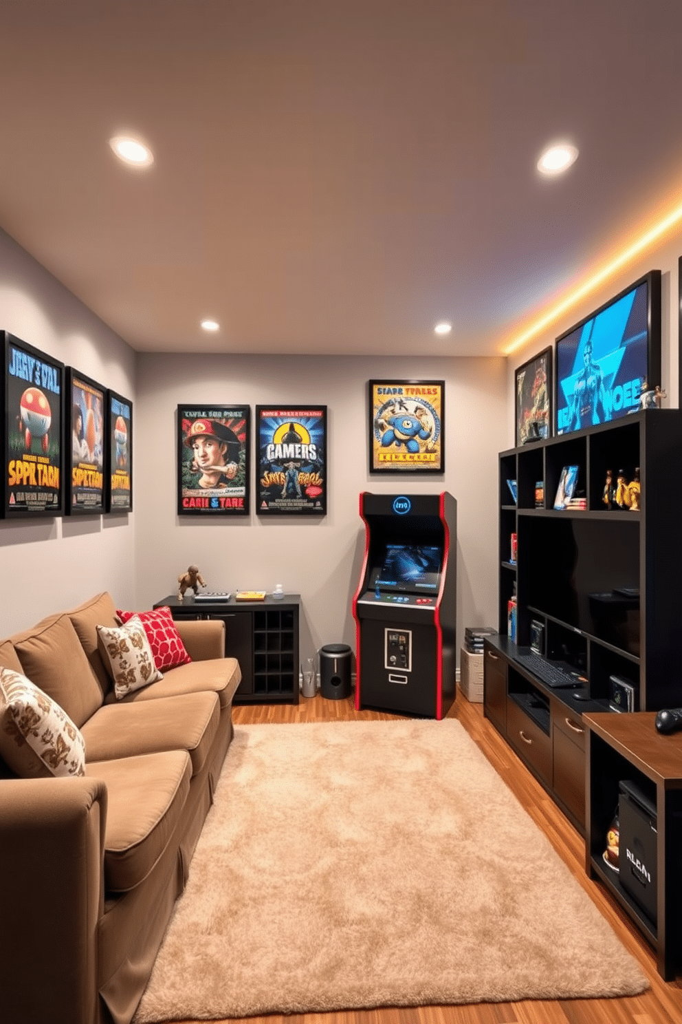 A cozy gaming man cave features a wall adorned with retro posters, each elegantly framed in sleek black frames that enhance the vibrant colors of the artwork. The room is equipped with plush seating, a large flat-screen TV, and ambient lighting that creates an inviting atmosphere for gaming sessions. In one corner, a vintage arcade machine adds a nostalgic touch, while a custom-built shelving unit displays collectible figurines and games. The floor is covered with a soft area rug that complements the overall color scheme, providing comfort during long hours of play.